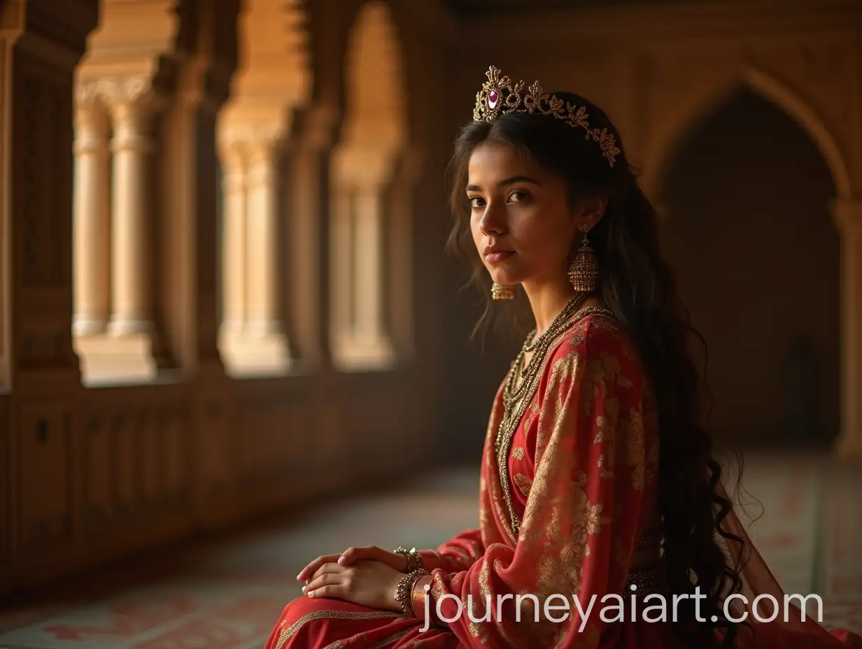 Regal-Young-Persian-Queen-in-Elegant-Palace-Exterior-with-Flickering-Light