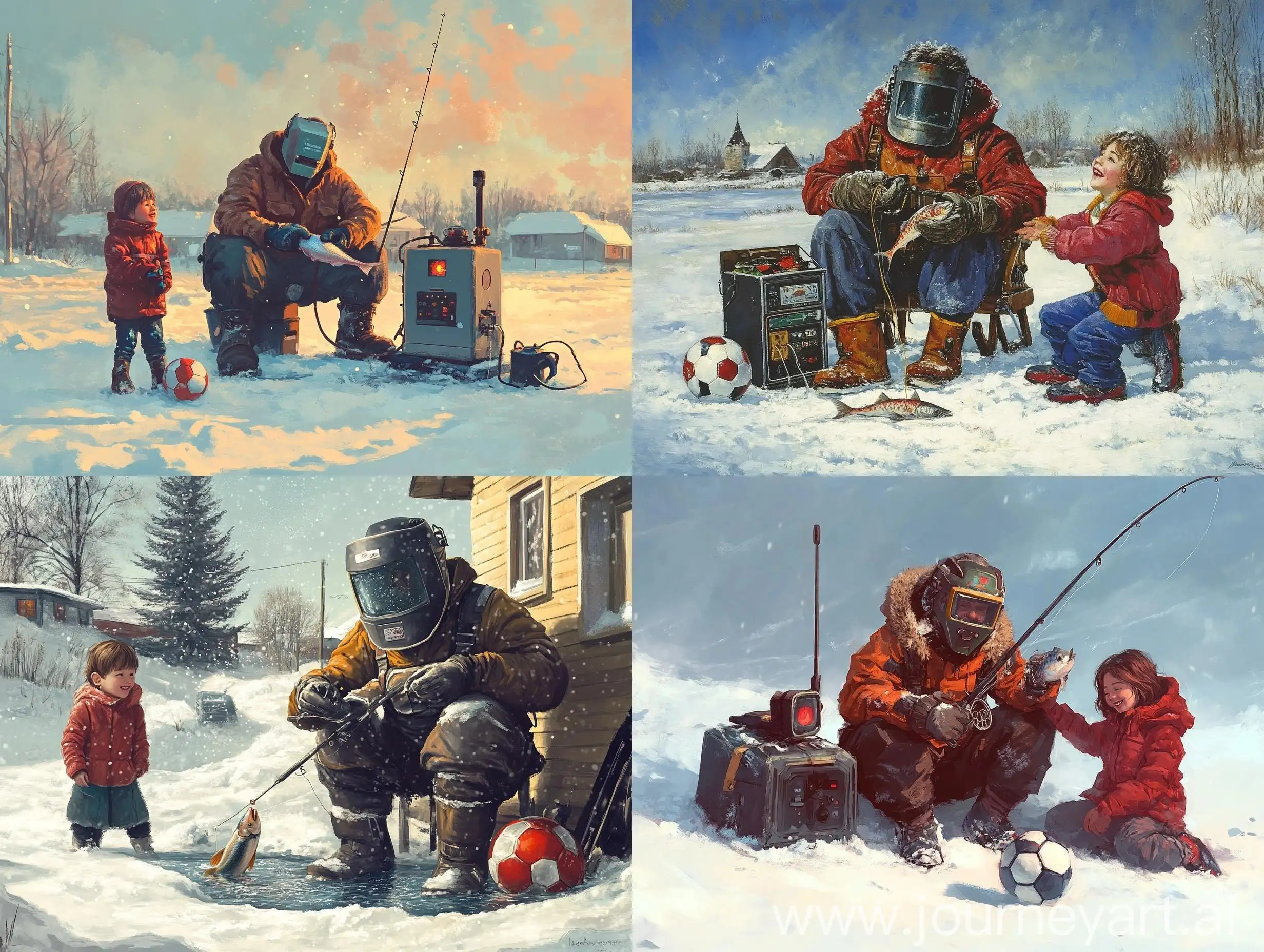 Ice-Fishing-Man-with-Welding-Mask-and-Family-Enjoying-Leisure-Time