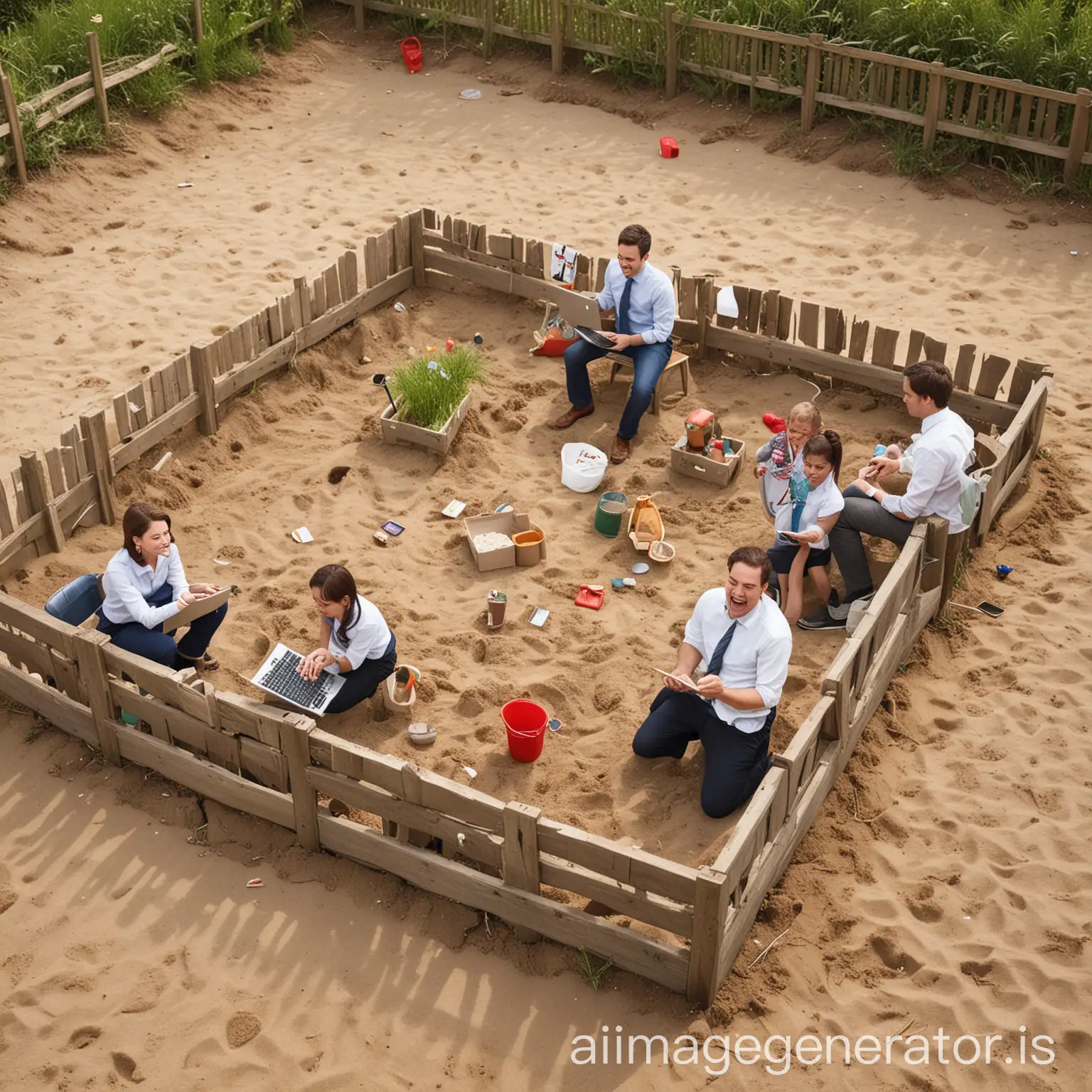 Diverse-Business-Professionals-Play-with-Gadgets-in-Sandbox-Garden-Scene