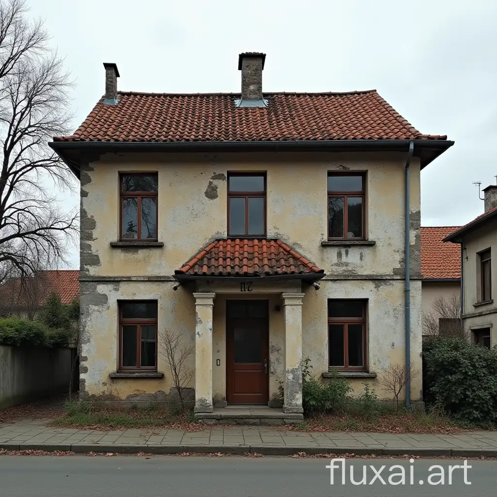 old, damaged, adjacent 3-block building, with architectural features of the 80s, with a tiled roof, horizontal strip windows in the middle block, and an effective horizontal architecture