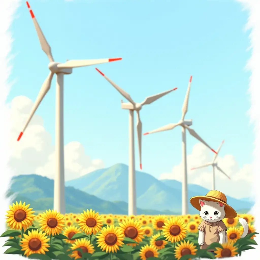 huge three-bladed electric wind turbines on white cone supports, three long white blades with red risks at a distance of 1/3 of the blade length. Wind turbines stand in a sunflower field, with mountains in a blue haze in the background. A small white cat in a linen shirt and a yellow straw hat peeks out of the sunflowers. The image is stylized as a laminated sticker on a self-adhesive sticker on a white background, a vector image in the style of anime.