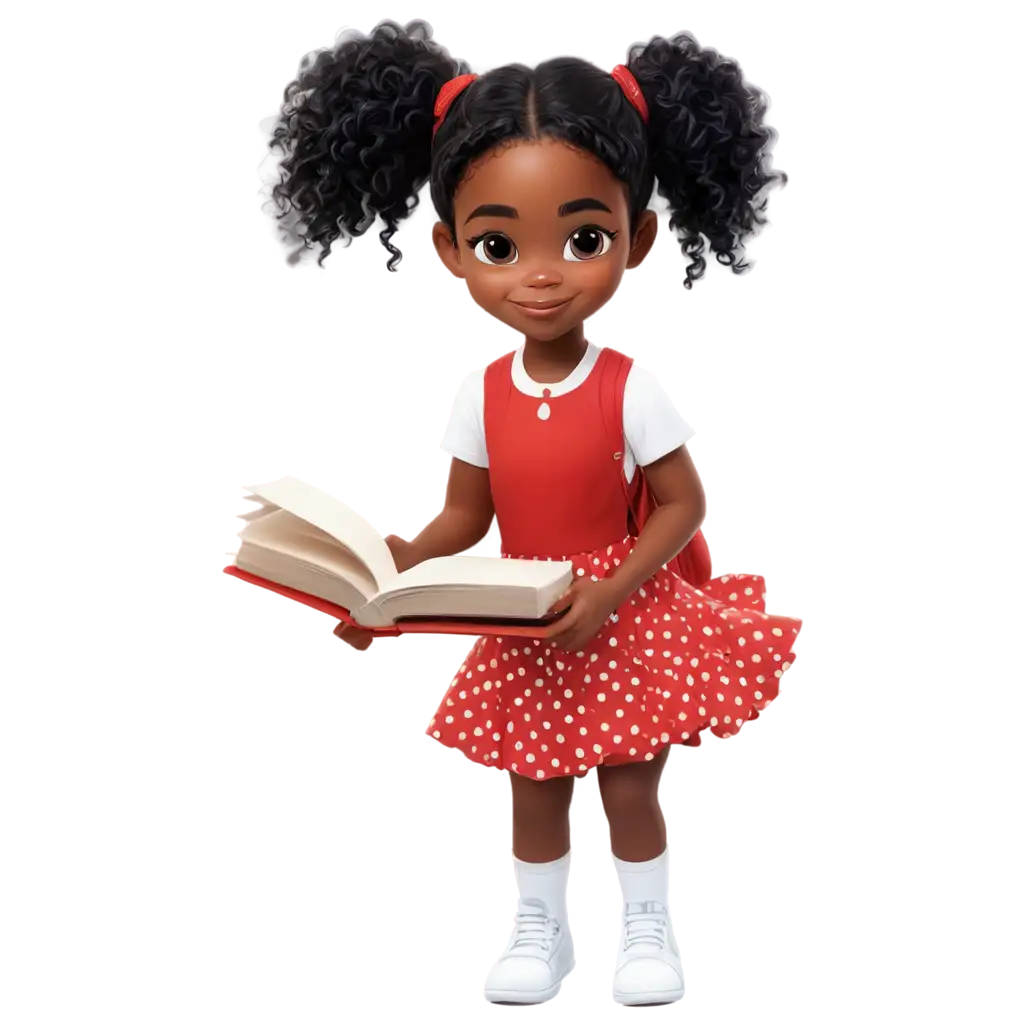 Cartoon-Style-PNG-Image-Little-Black-Girl-Reading-Book-in-Red-Skirt-and-Polka-Dot-Shoes