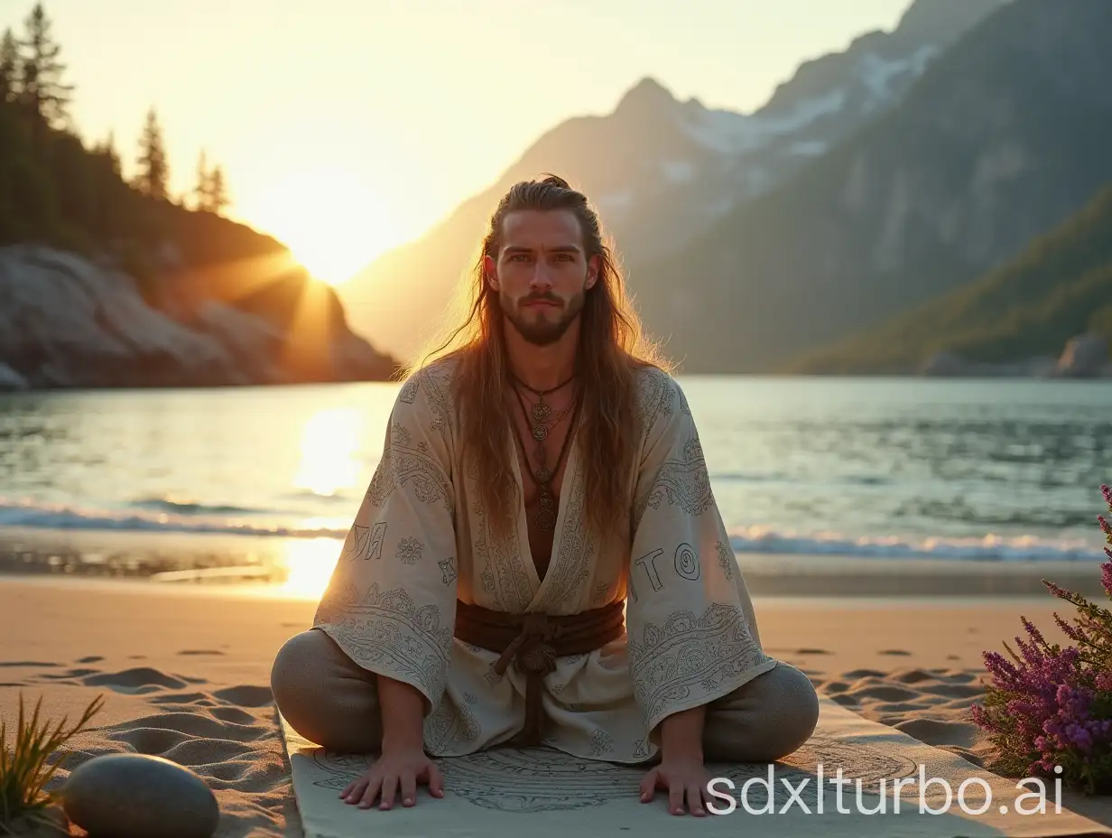 Nordic-Shaman-Performing-Yoga-on-Tranquil-Sand-Beach