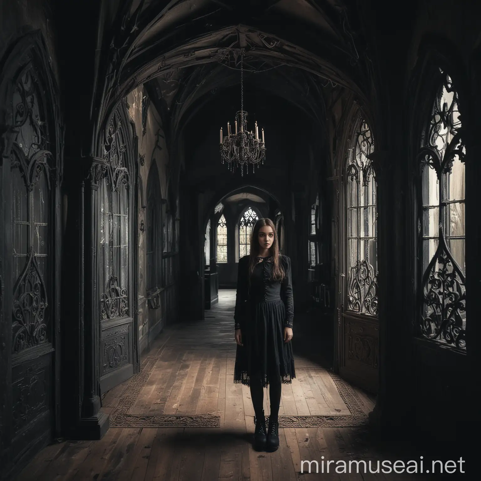 Young Girl Exploring a Mysterious Gothic House