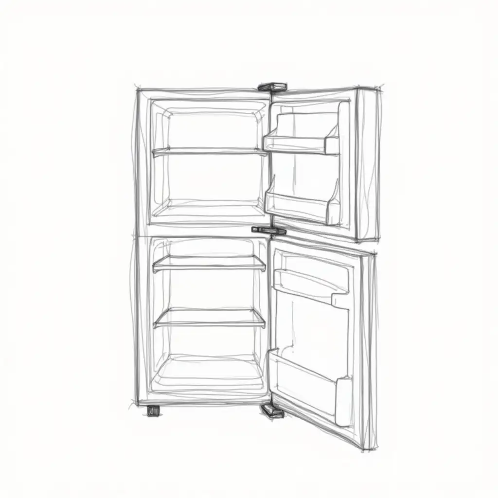 Sketch-Style-Refrigerator-with-Open-Door-and-Empty-Interior