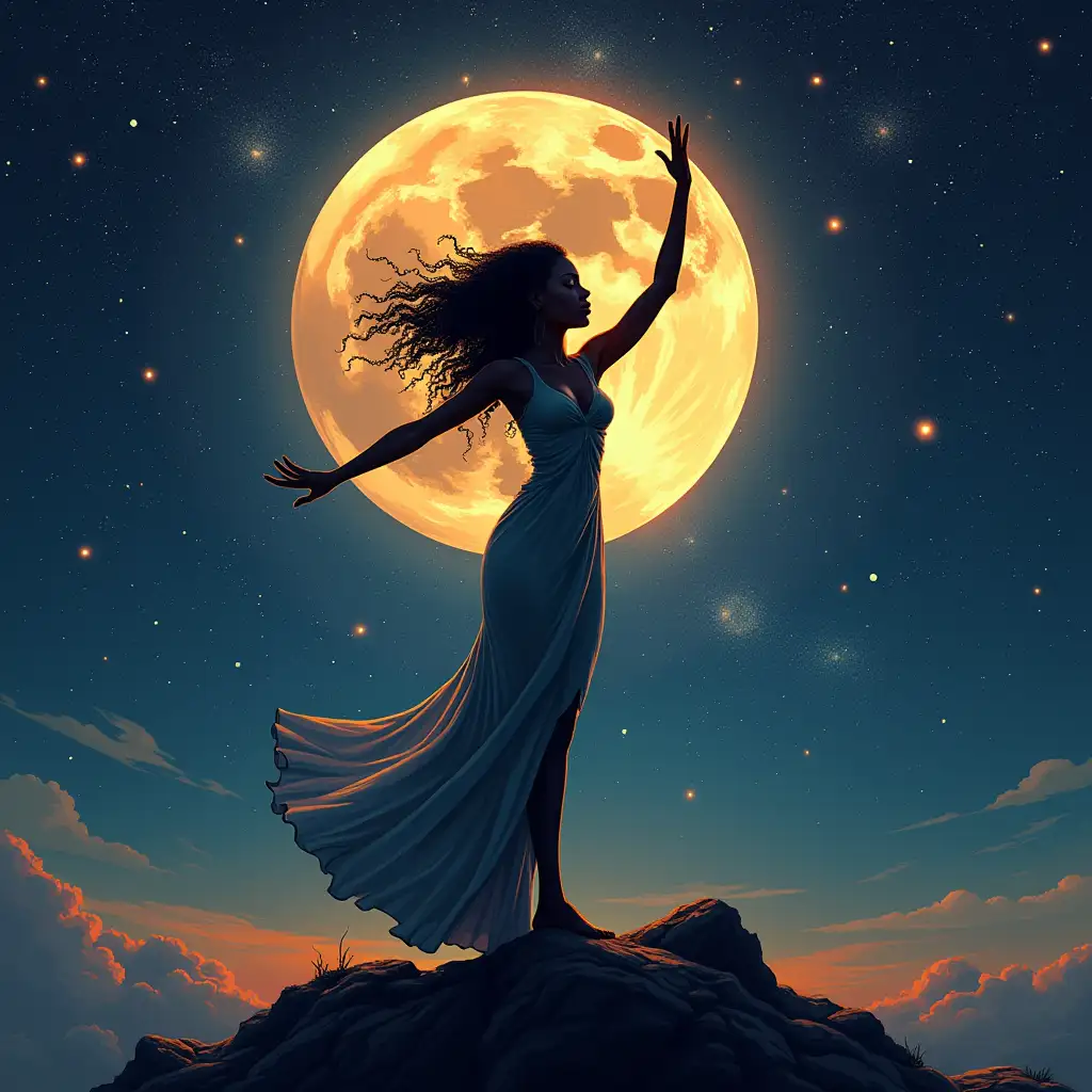 Black Woman Standing on Half Moon with Raised Arms in Galaxy Background