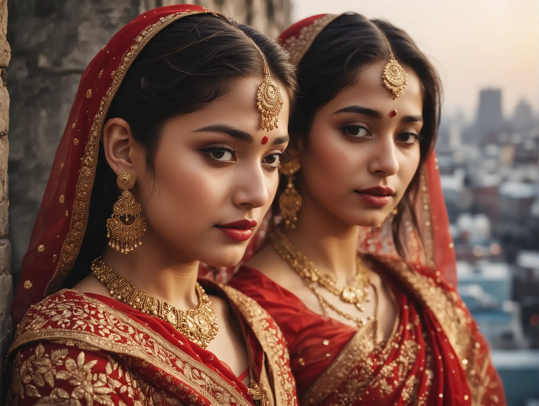 Two-Young-WomenAI-Art-Prompt-Expansion-in-Red-Sarees-Embracing-with-Gold-Jewelry-Against-a-City-Skyline