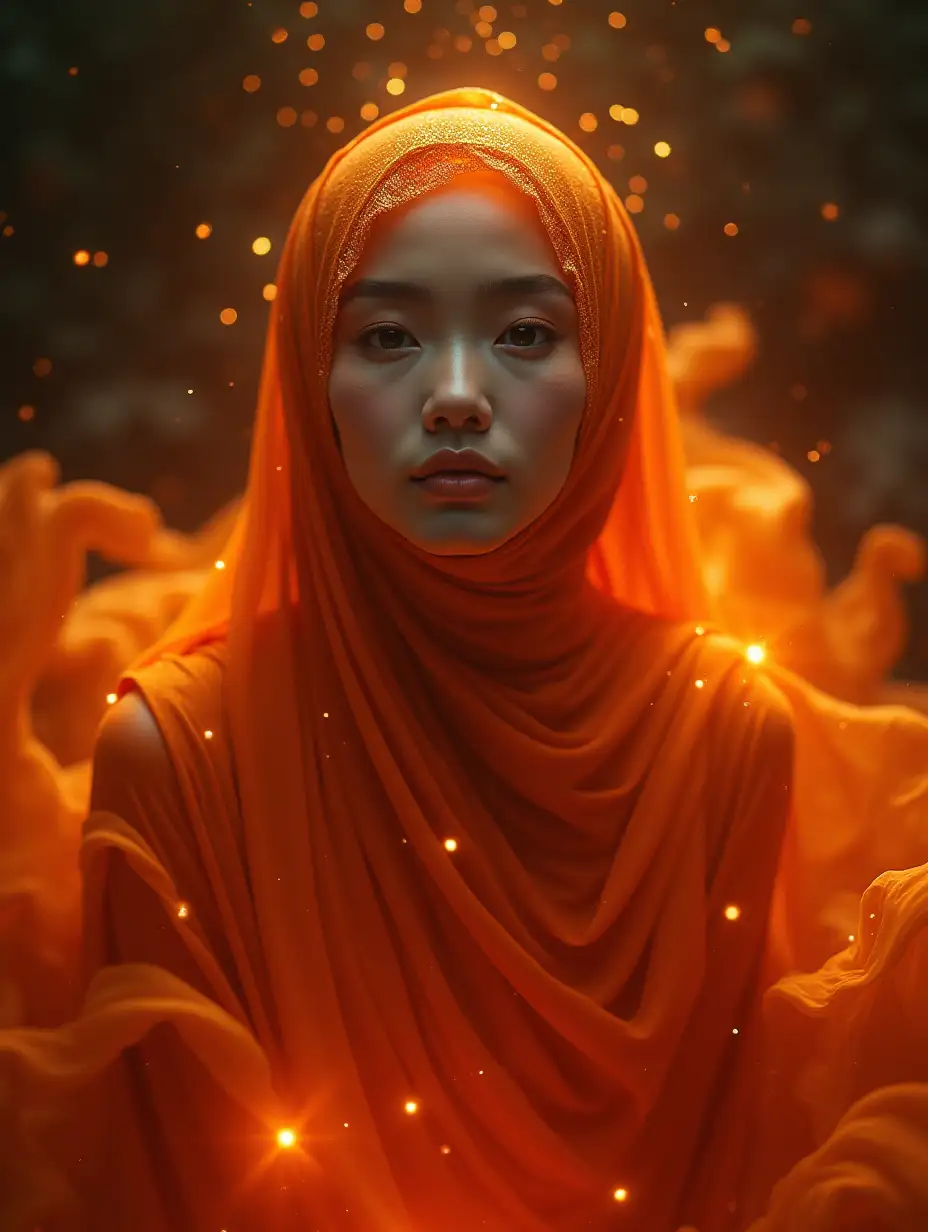 Indonesian-Astral-Goddess-Floating-in-Space-with-Fiery-Hijab-Dress