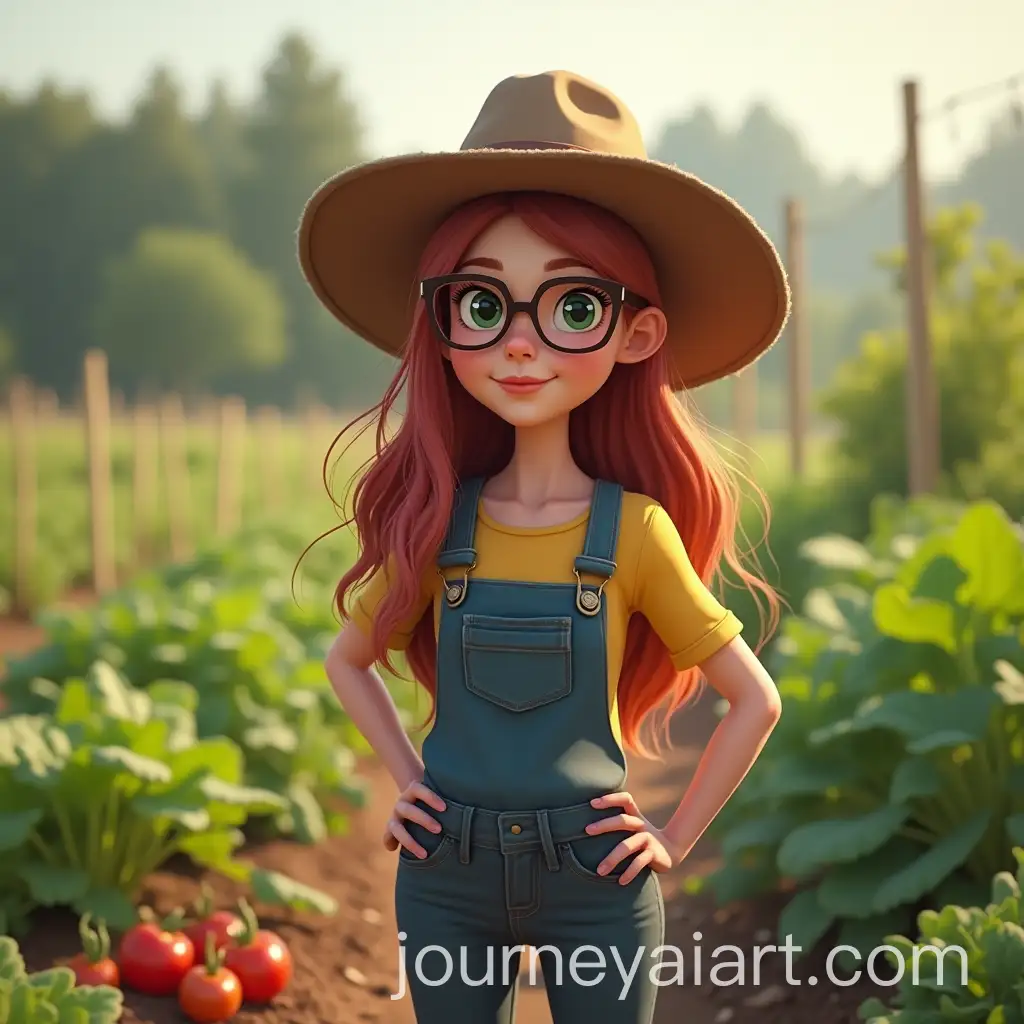 Farm-Girl-in-a-Vegetable-Garden-with-Long-Hair-Hat-and-Glasses