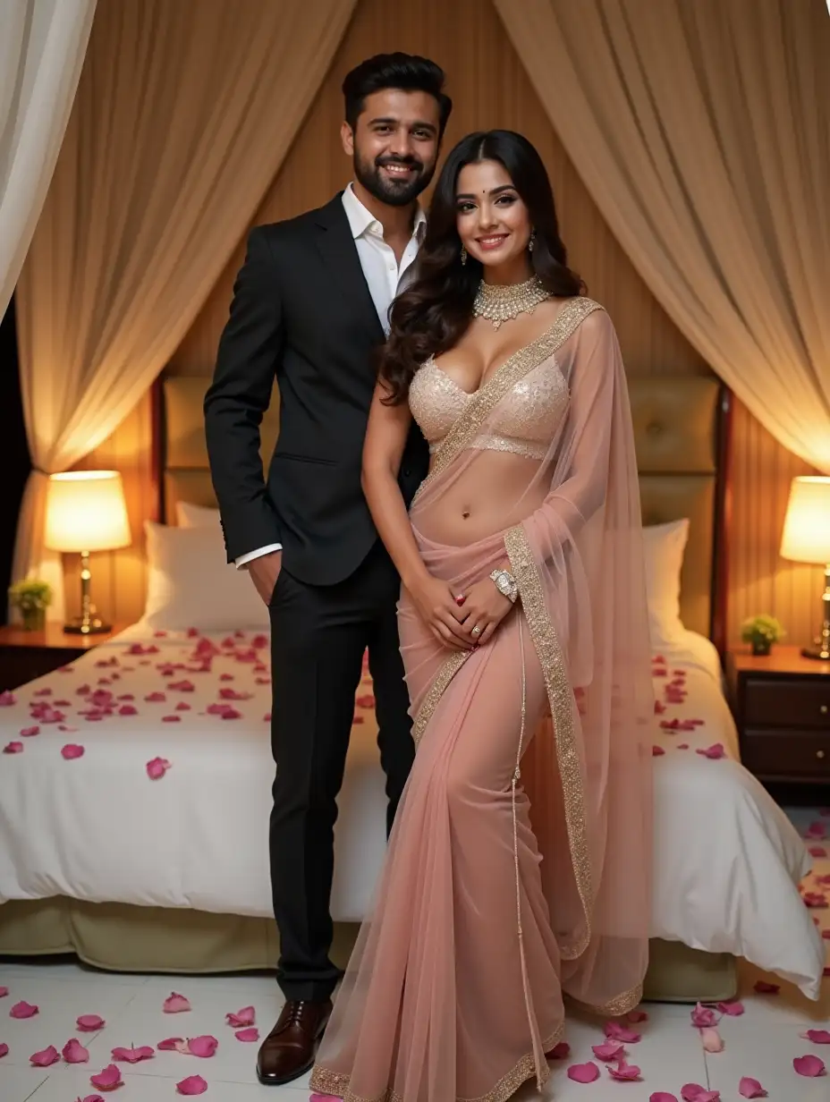 A stunning full-body Indian desi bhabi standing in a romantic embrace, smiling warmly. She has curvier figure with a cute, beautiful round face and is wearing a half saree. Beautiful designer saree and of net material. Saree has embroidery and sequins. She is wearing a sleeveless, deep v neck short blouse showing cleavage, navel, and waist. Bra has small cups. Enhancing the stylish modern western look. She has a fair, radiant white skin tone. She is little fuller. She has open hairstyle, some hair coming on her cheek. The man is dressed in a well-fitted, stylish dark suit standing behind her and also has a fair white skin tone. Both looking straight at camera on front side. The background features a beautifully decorated bedroom with flowers, rose petals on white bedsheet enhancing the intimate and romantic atmosphere. Focus more on couple than background. Make 1080p resolution image. She has beautiful figure and stunning looks. Both looking at front. She has heel in her legs.