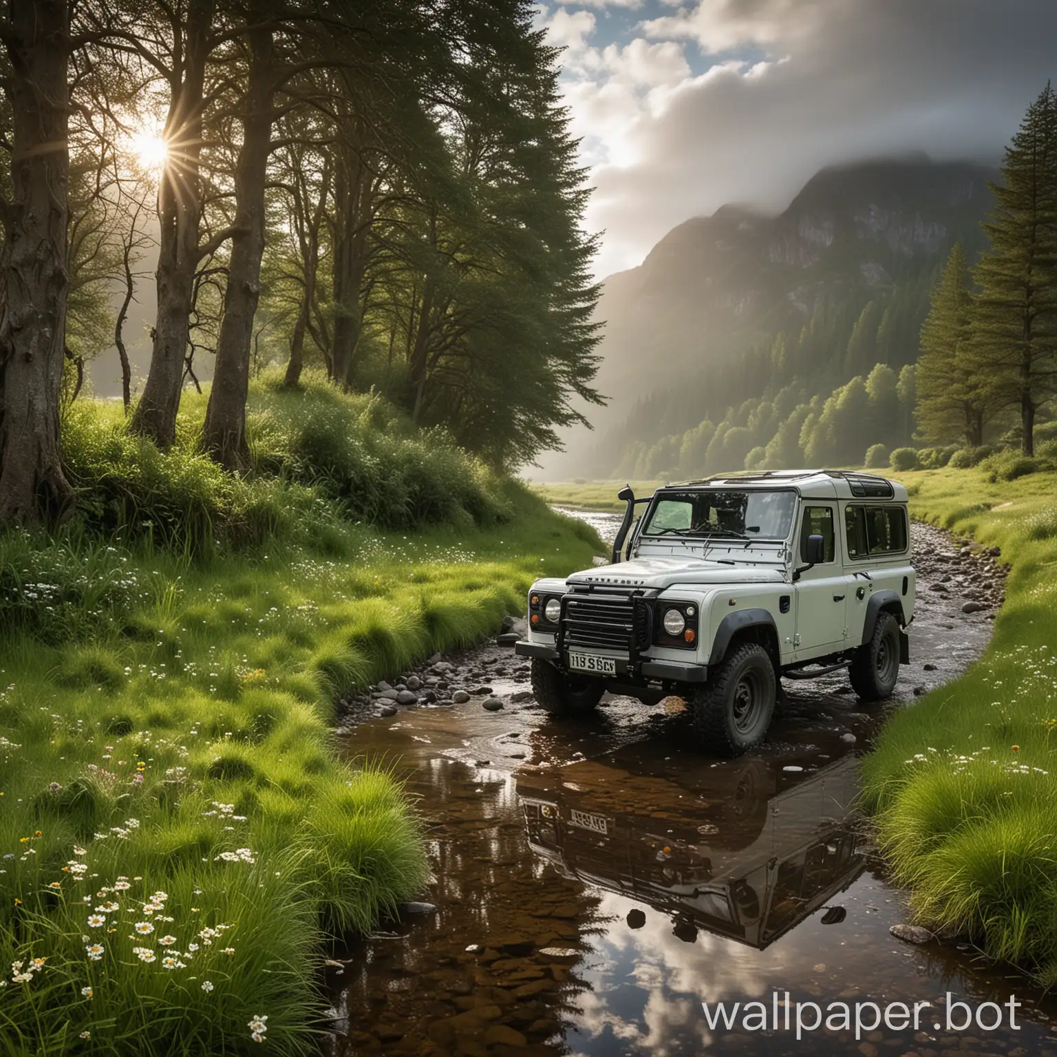 A rugged Land Rover Defender Jeep sits proudly on a vibrant strip of lush green grass, just beside a sparkling, clear stream. The setting is serene, with tall, majestic trees in the background, casting soft shadows as the afternoon sun filters through fluffy white clouds. A few wildflowers bloom near the water's edge, and the reflection of the natural beauty is mirrored in the stream. The Jeep, slightly dusted with mud, stands as a symbol of adventure, ready for any off-road journey amidst nature's tranquility."