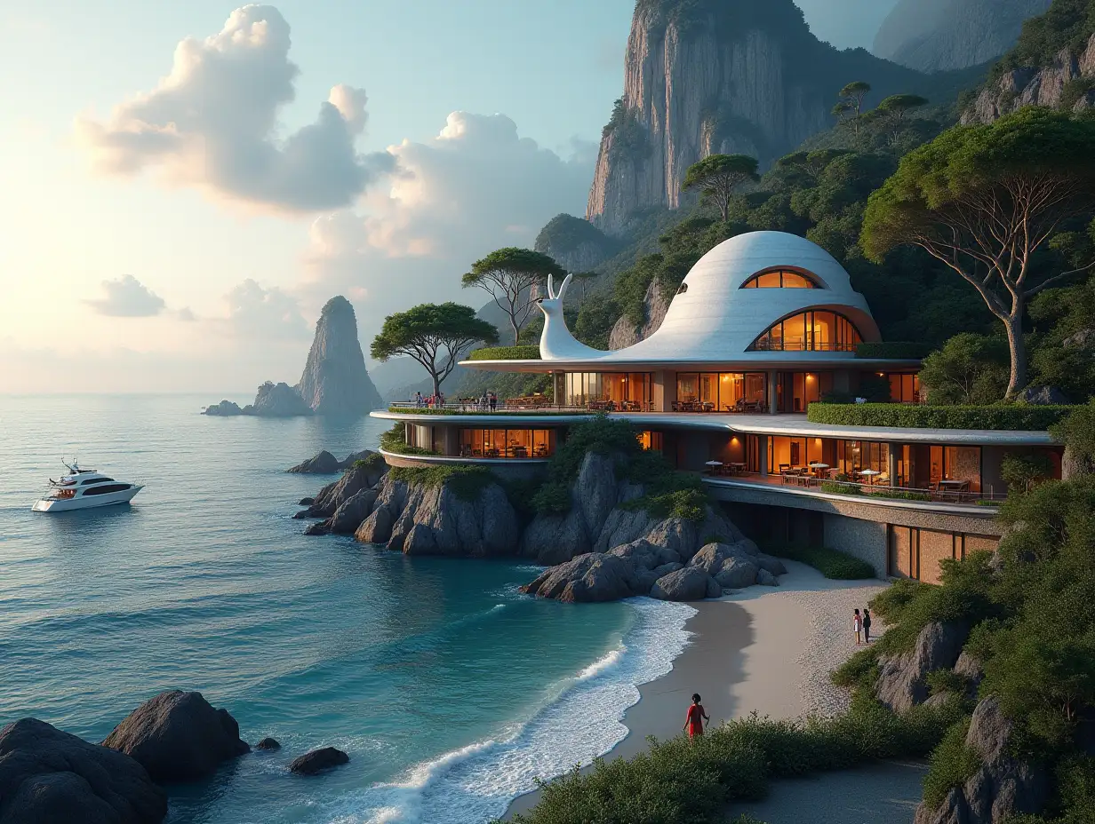 Create a high-resolution, realistic panorama image of a futuristic terrace building with a snail house window bridge, a yacht and a small beach with people, many plants and grey and brown facades with sea with waves, big trees, at twelve o'clock midnight