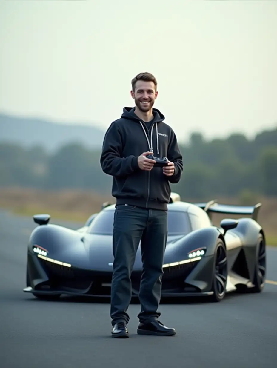 Create a high-resolution, realistic image of a racer standing on the asphalt playing radio controlled car on the asphalt, he is holding game controller in his hands, he has a happy face, behind him is a futuristic racing car with tinted glass 4K resolution