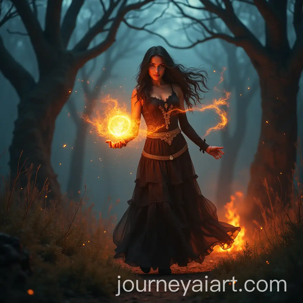 Sorceress-Creating-Fiery-Fireball-in-Enchanted-Forest-at-Night