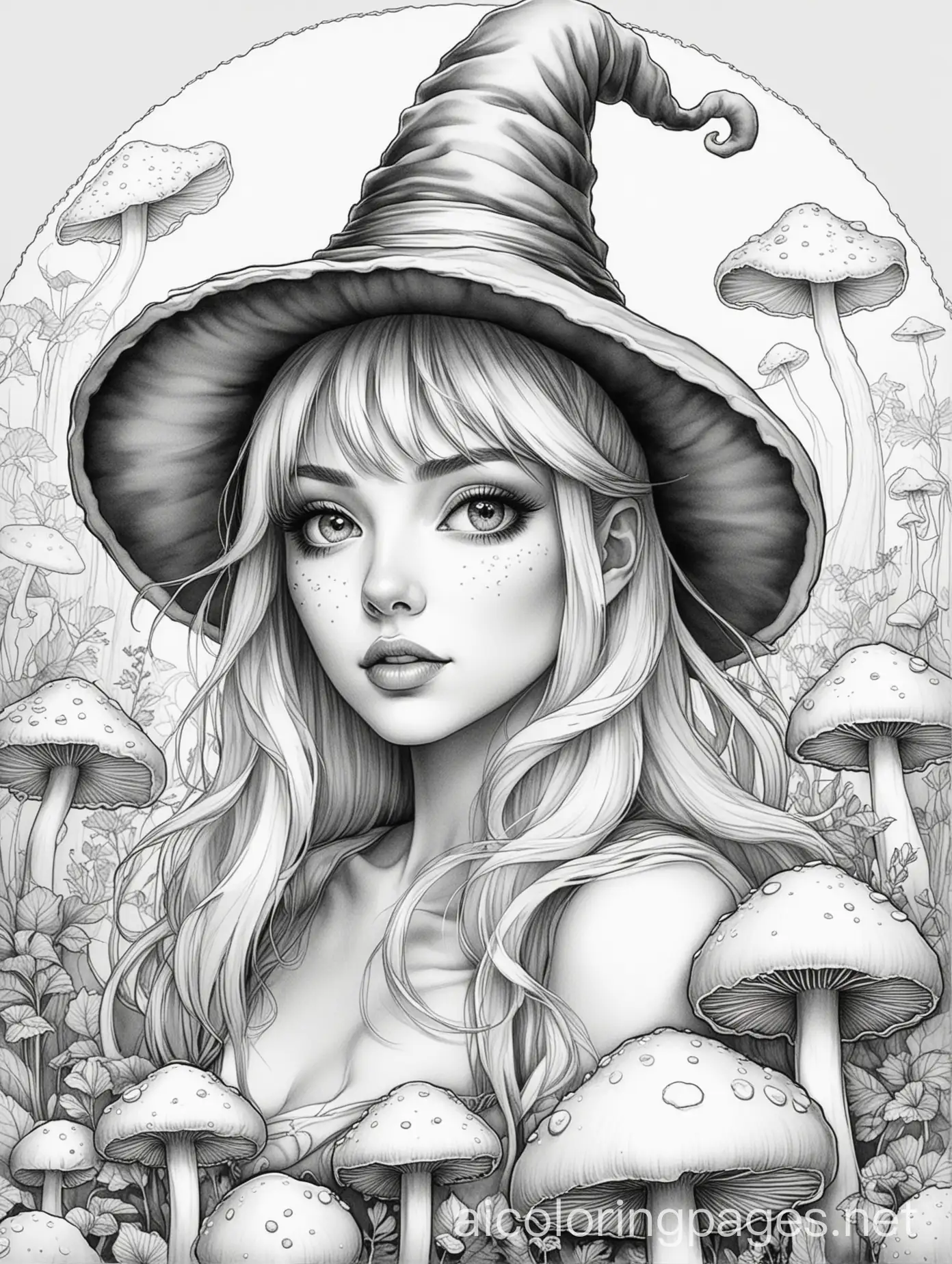 Anime-Witch-with-Spooky-Mushrooms-Coloring-Page