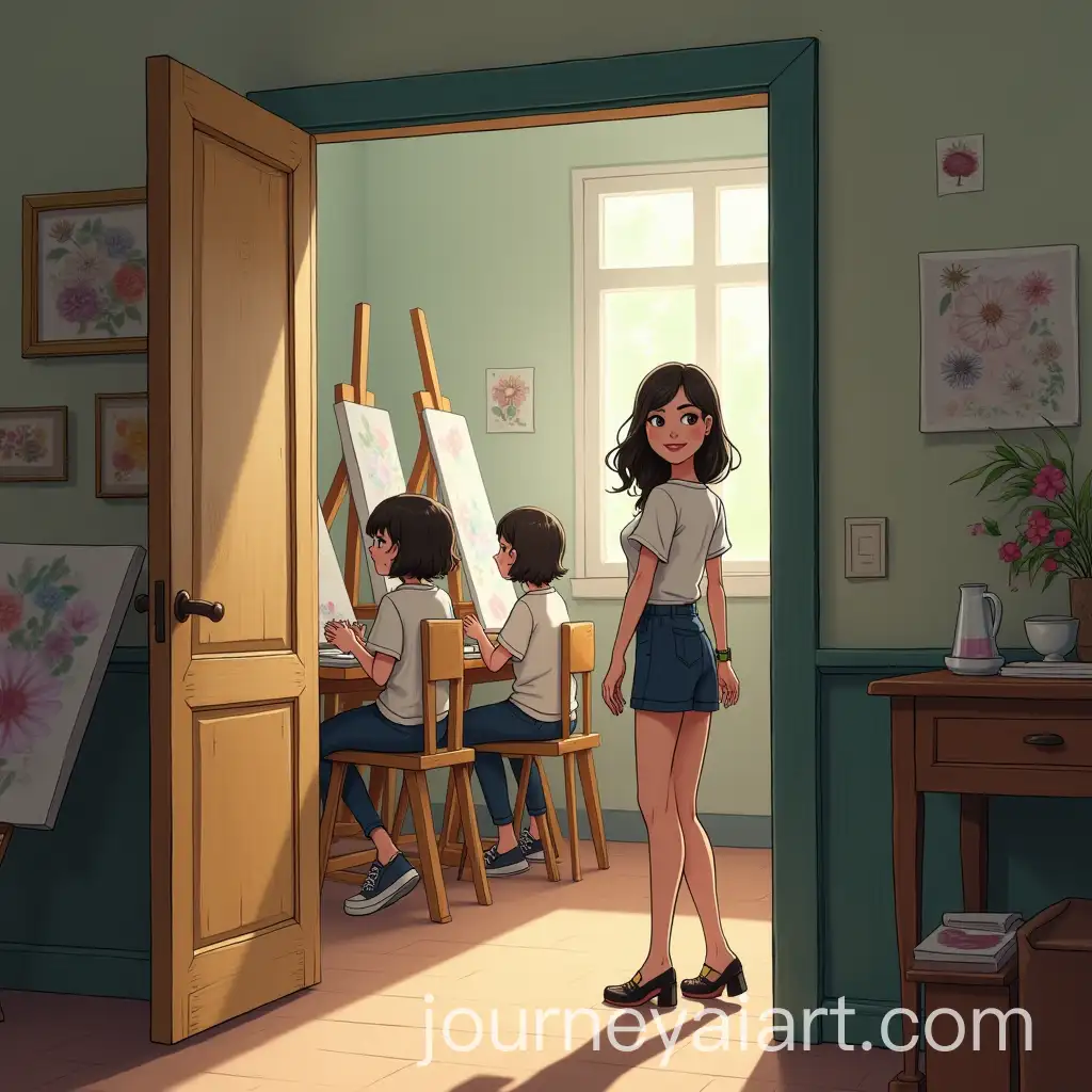 Mari-Entering-the-Art-Room-with-Teacher-and-Classmates-Sitting-in-Front-of-Covered-Canvases