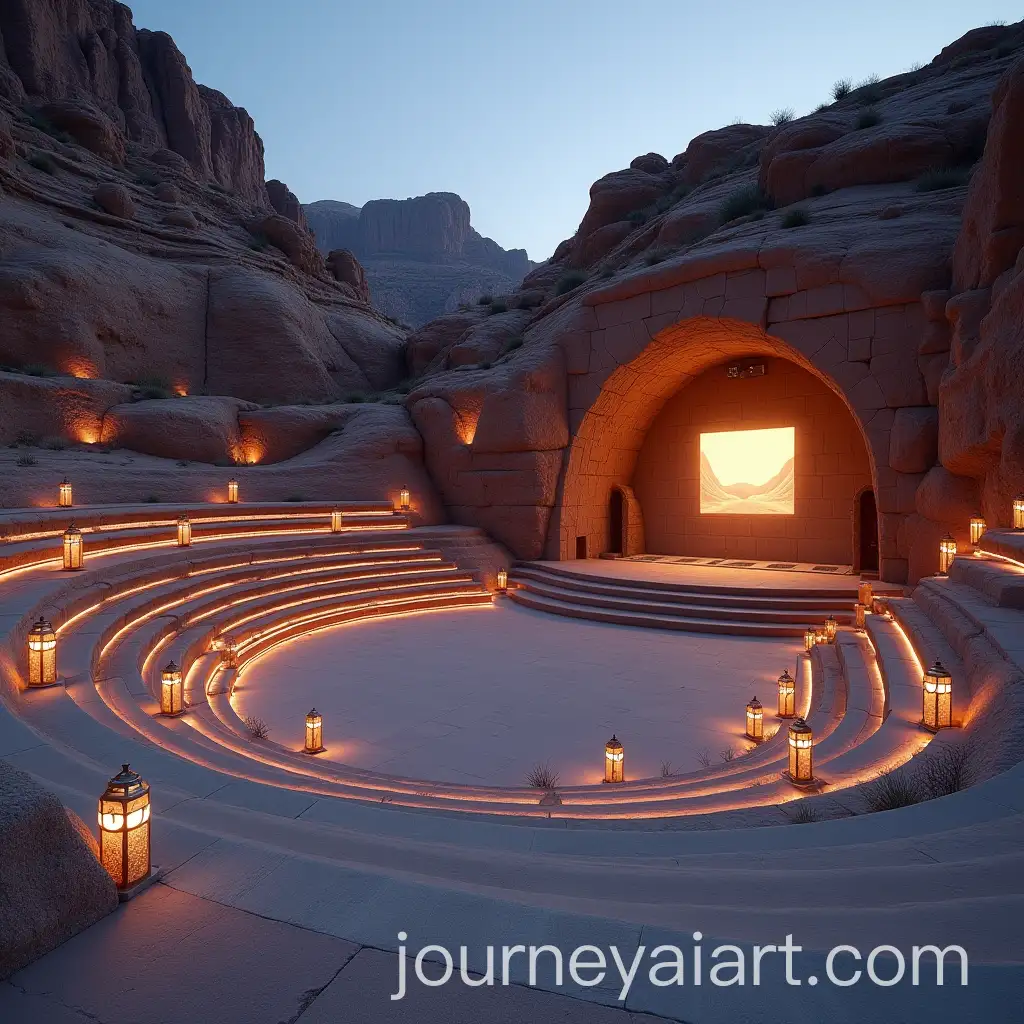 Desert-Amphitheatre-at-Twilight-with-Lanterns-and-Projected-Art