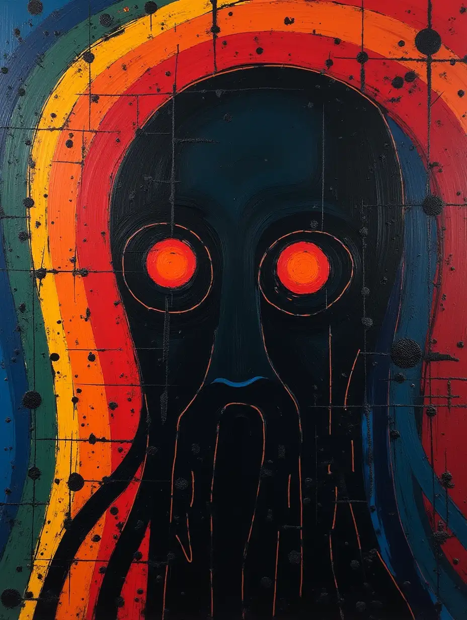 user_prompt: Picture in a grid, stripe, primitively schematic Cthulhu face, darkness in the style of Kandinsky, Malevich, minimalism, simplify for a beginner artist with acrylic many colors, constructivism abstractionism