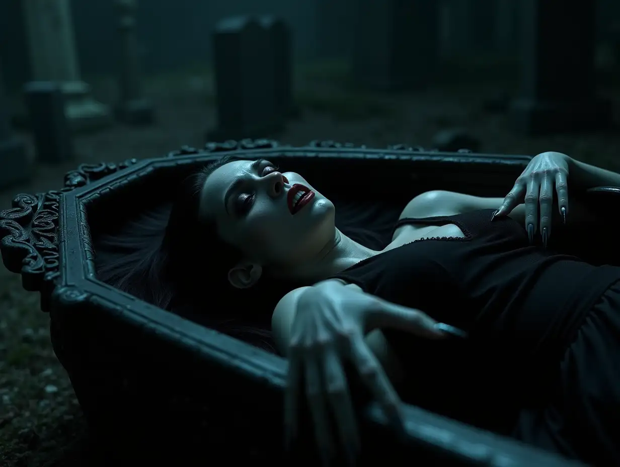 Create a photorealistic image of a creepy female horror vampire lying in an ornate, decaying coffin. She has sharp, long fangs and clawed arms with elongated, curved nails that seem ready to reach out and catch you. The scene should evoke a hyper-realistic style with cinematic elements, showcasing high detail and quality. Emphasize the dark atmosphere with atmospheric lighting that casts eerie shadows across her pale skin, highlighting the smallest details of her grotesque features. Capture the haunting essence of the undead with realistic anatomical precision, ensuring her human hands are depicted clearly with five fingers. The background should be a dimly lit crypt or graveyard at night, enhancing the intense, spooky vibe of this nightmare-inducing setting.