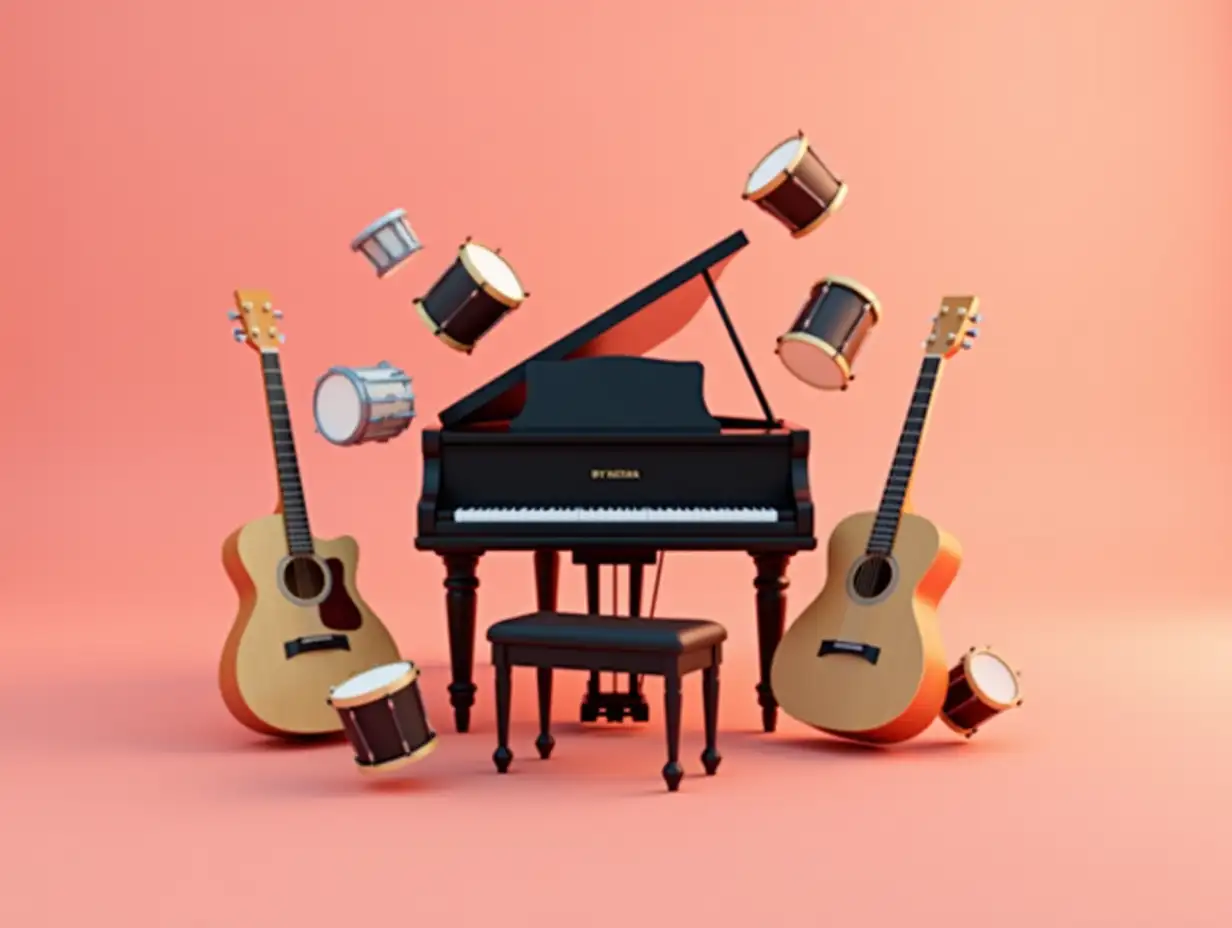 A 3d rendering shoot from a front camera angle about a grand piano and various musical instruments on a gradient background. the image also shows a black grand piano in the center of the image, a guitar on the right side, and various percussion instruments scattered around it. the grand piano is the main focus, with its glossy black finish and black keys clearly visible. the guitar is an acoustic model with a light brown body and a curved neck, and it is positioned on the left side of the piano. the drums are of different sizes and colors, including brown, white, and black. the background is a gradient of pink and orange hues, creating a warm and inviting atmosphere. the music instruments are arranged in a way that creates a sense of movement and energy, with some of them flying around the piano, adding to the dynamic and lively feel of the scene.