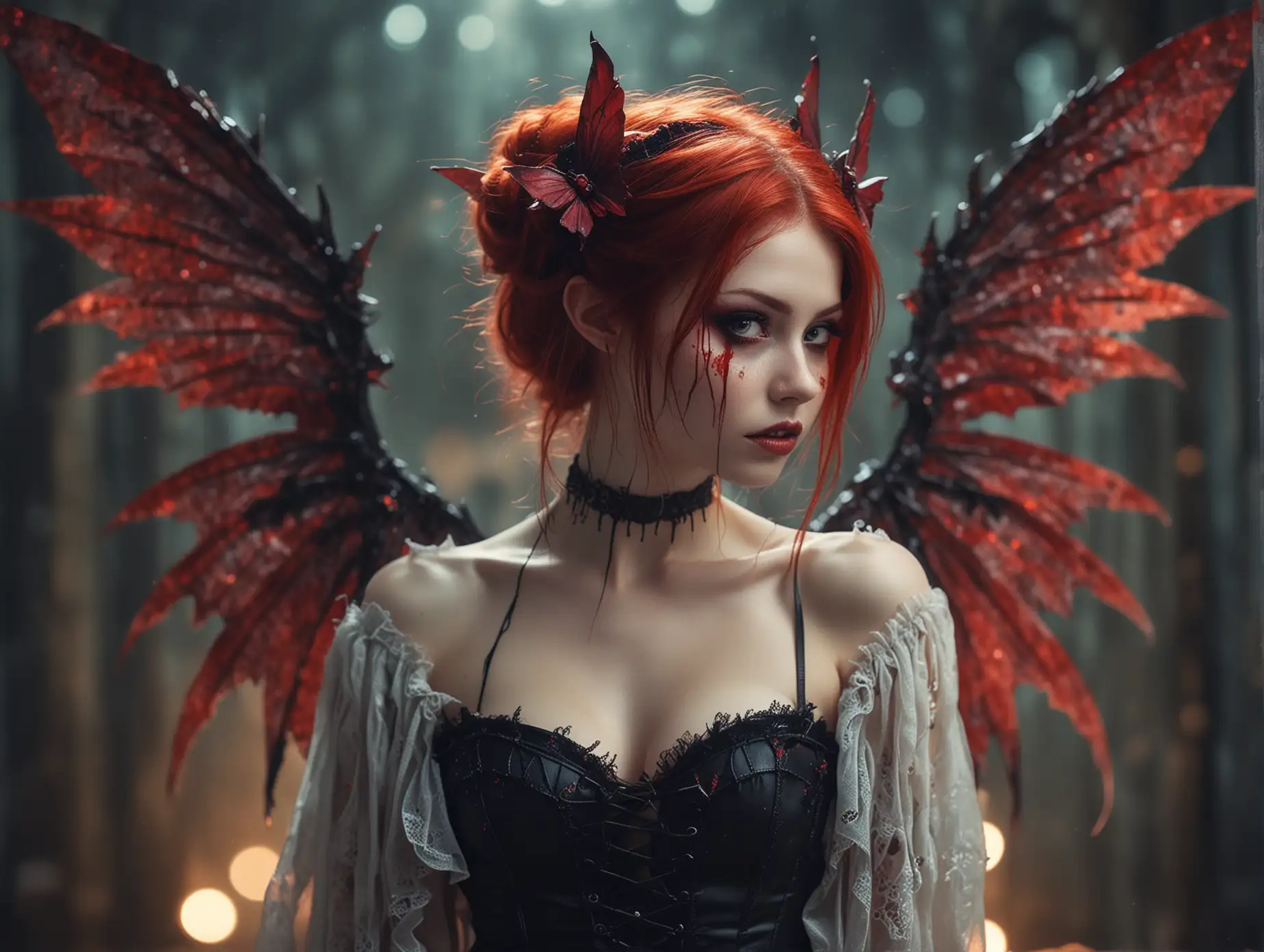 Dark-Fantasy-Vampire-Fairy-with-Red-Wings-and-Gremlins-in-Pastel-Bokeh-Setting