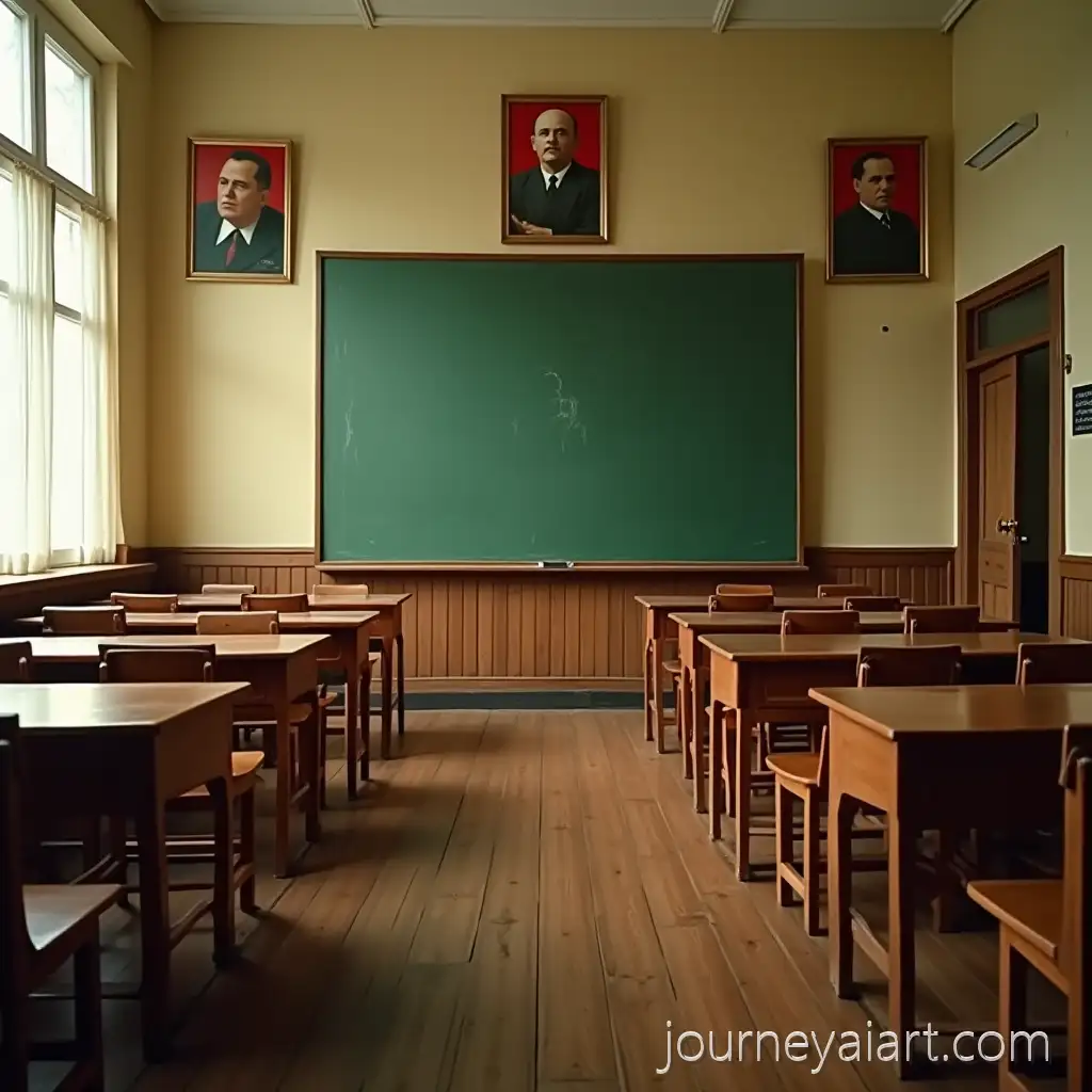 1980s-Soviet-Classroom-Interior-with-Wooden-Desks-and-Lenin-Portraits