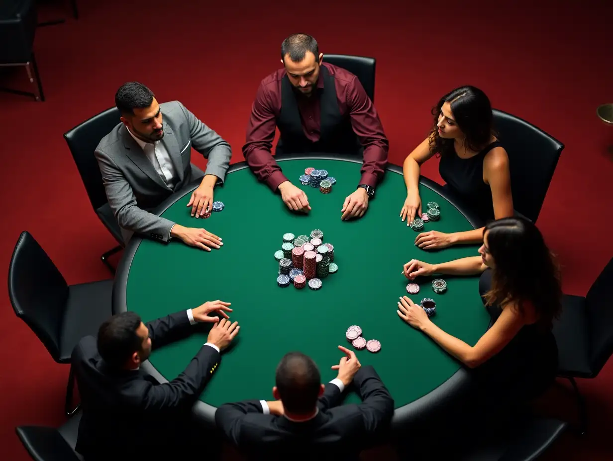 Overhead shot for a Tunisian man in a gray tuxedo, a Tunisian man in a dark red shirt and black pants with short hair cut, and a Tunisian woman in a black dress and black heels with dark hair : The group sits around a high-roller table, each with a pile of poker chips in front of them. The camera angle provides a bird’s-eye view of their strategic movements and interactions. High resolution, hyper-realistic image quality.