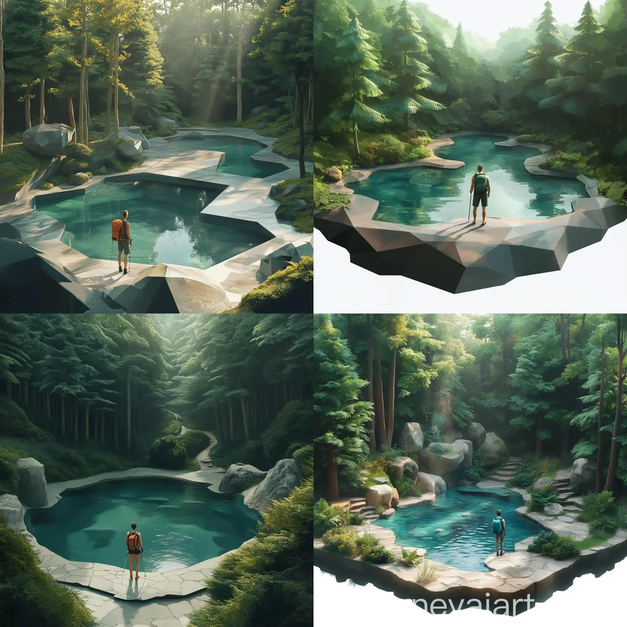 Realistic-Geometric-Landscape-with-Trekker-in-Forest-Setting