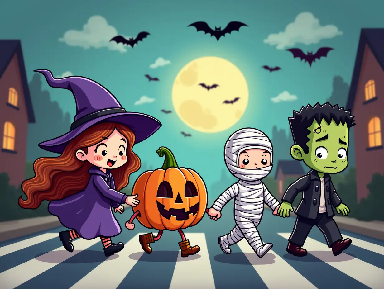 Vector, chibi. A playful Halloween scene with a group of costumed characters crossing a street. A witch with flowing hair and a pointed hat leads the way, followed by a mischievous pumpkin with a carved face, a mummy with white bandages, and a Frankenstein monster with bolts in his neck. Bats fly overhead, and a full moon illuminates the scene. The overall style is detailed and vibrant, with a focus on the fun and spooky elements of Halloween.