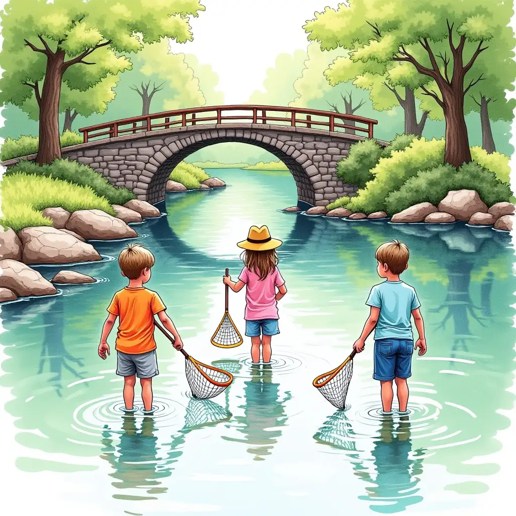 A highly detailed landscape sketch of three children wading in shallow water with fishing nets, in a summer park. The scene features rocks, lush vegetation, and a serene pond, with the children's reflections visible in the water. A footbridge arches gracefully in the background, and the scene is set in bright daytime lighting. The sketch is drawn with fine pencil lines, with bold, vibrant marker coloring for the children, water, vegetation, and the bridge. Natural lighting illuminates the scene with soft shadows, adding an atmospheric touch. The image should have a wide-angle perspective with detailed, realistic proportions and coloring, evoking a joyful and peaceful mood.