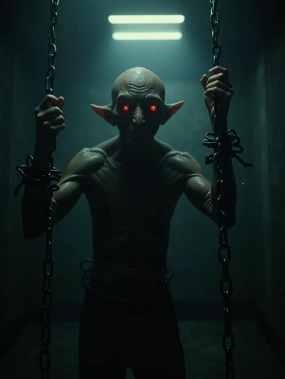 A hyper-realistic, ultra-high-definition depiction of a terrifying moment as a creature begins to awaken in a dimly lit laboratory, illuminated only by flickering overhead lights. The chains that once bound it begin to stir and move, creaking under the pressure of an unseen force. The creature, still shackled, slowly lifts its head, its glowing red eyes piercing the darkness with an otherworldly intensity. The camera focuses on its hands, which, with a supernatural strength, begin to tear apart the chains that have held it captive for over 60 years. The atmosphere is thick with tension, broken only by the eerie sound of chains snapping and the oppressive silence. The creature’s face, a haunting blend of human and alien features, is both grotesque and mesmerizing, radiating a power that is just beginning to stir. The room is filled with floating dust particles, and the environment is tense, adding to the sense of a dangerous awakening. The brilliant, glowing eyes become the focal point of the scene, heightening the sense of dread and the impending threat of this newly awakened force.