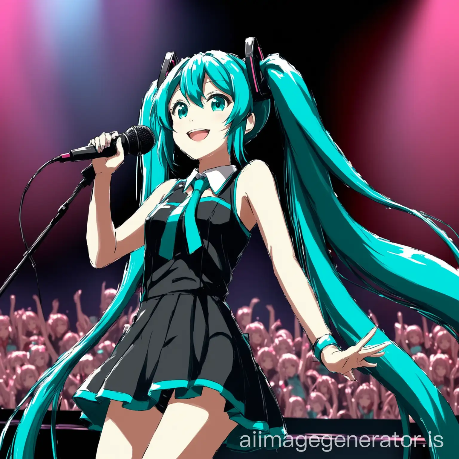 Hatsune Miku performing at a concert, she is holding a microphone and smiling