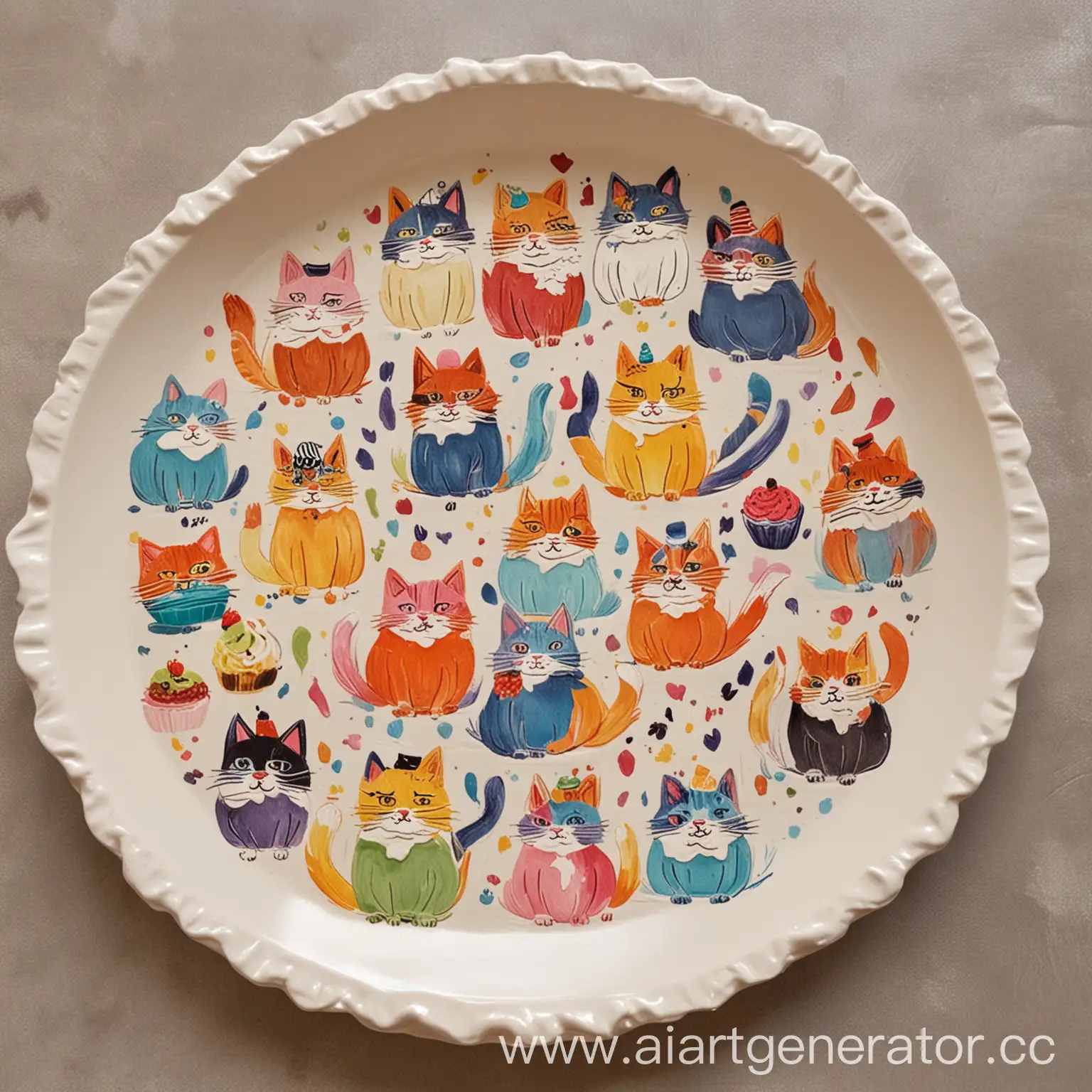 Handmade-Clay-Plate-with-Colorful-Cats-in-Aprons-and-Chef-Hats-with-Desserts