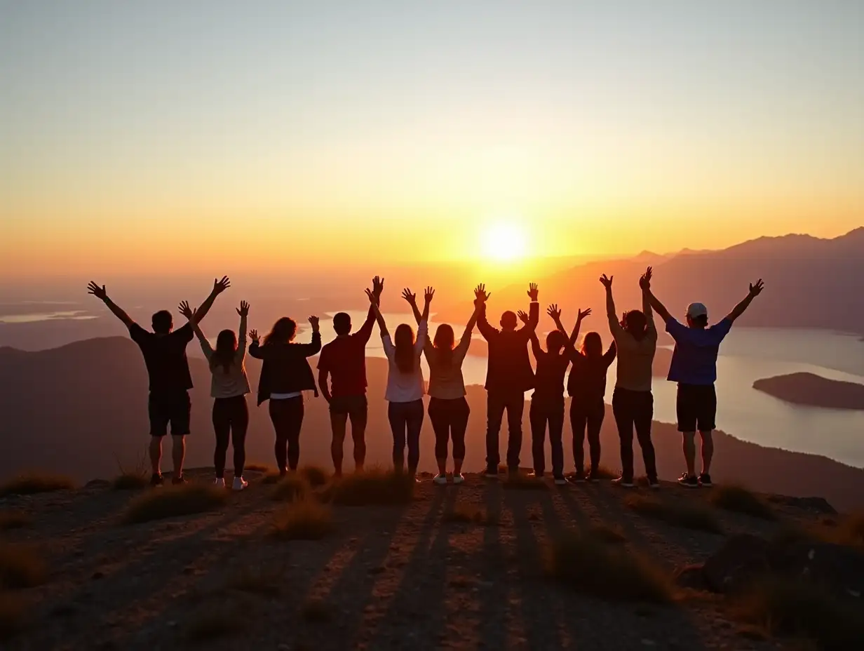 Big group of people having fun in success victory and happy pose with raised arms on mountain top against sunset lakes and mountains.