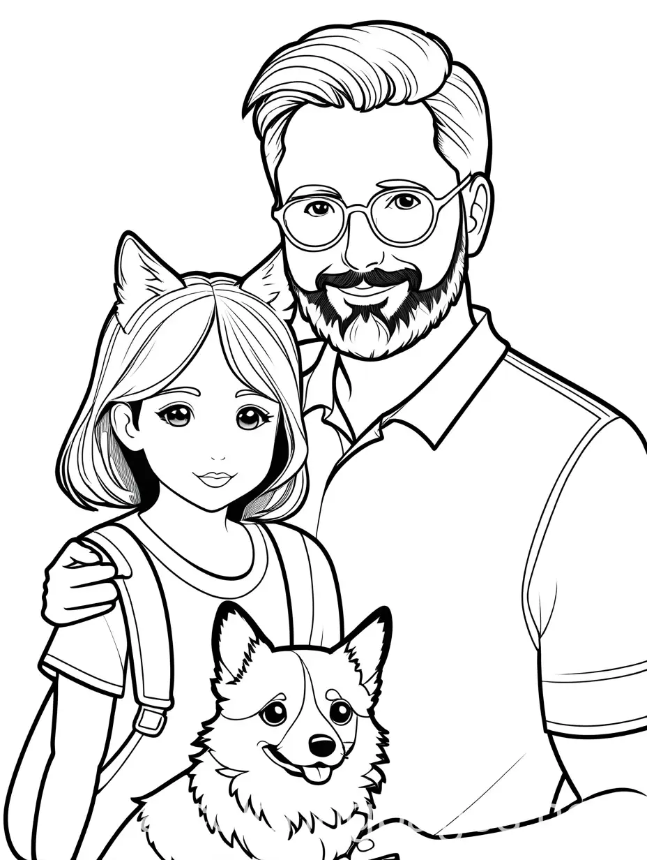 Father-and-Daughter-Enjoying-Time-with-a-Corgi-on-a-Coloring-Page