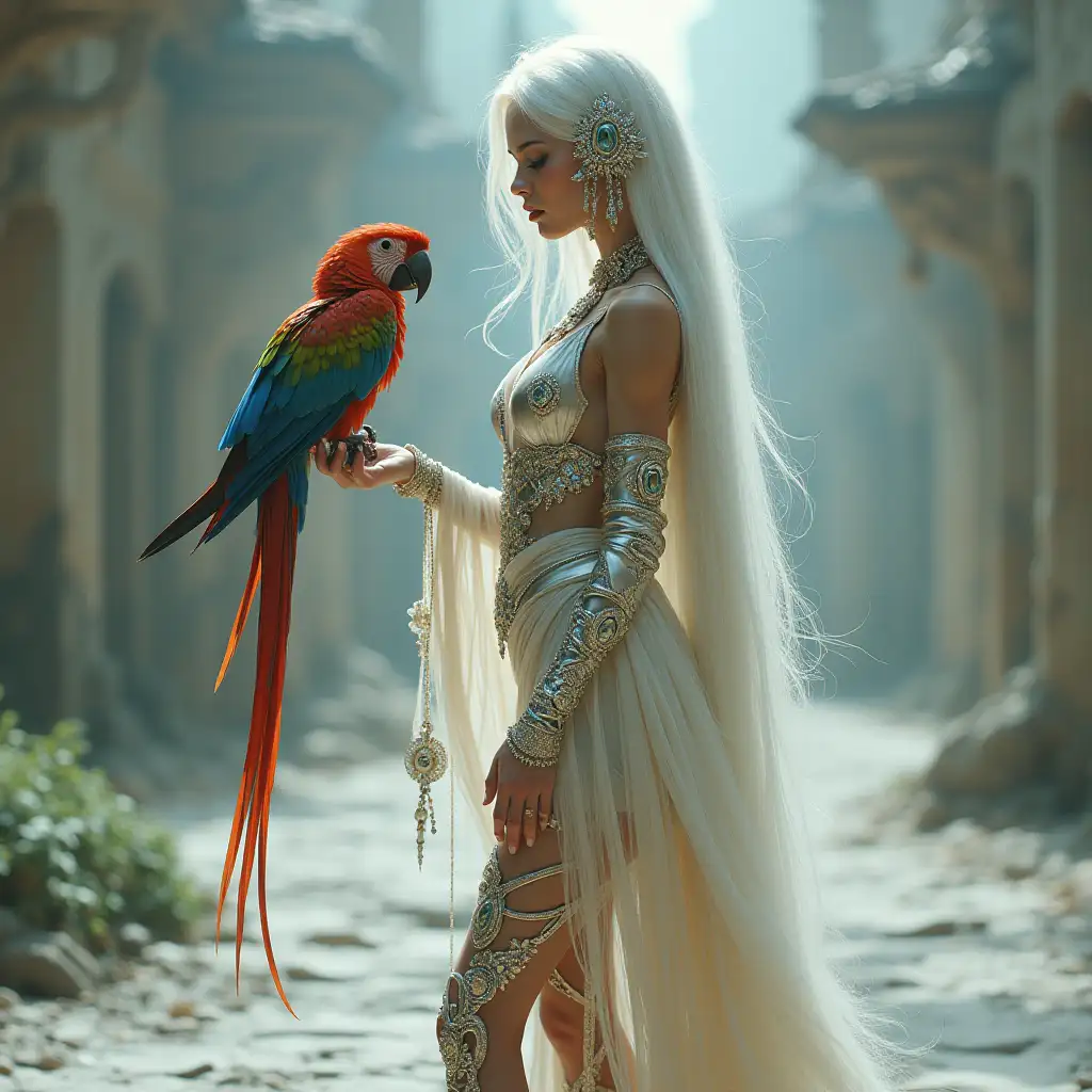 Hyperrealistic of a beautiful white woman with futuristic very long hair, high heels holding a parrot in her hand with intricately detailed, colorful and futuristic jewelry. Background blurred 10mm