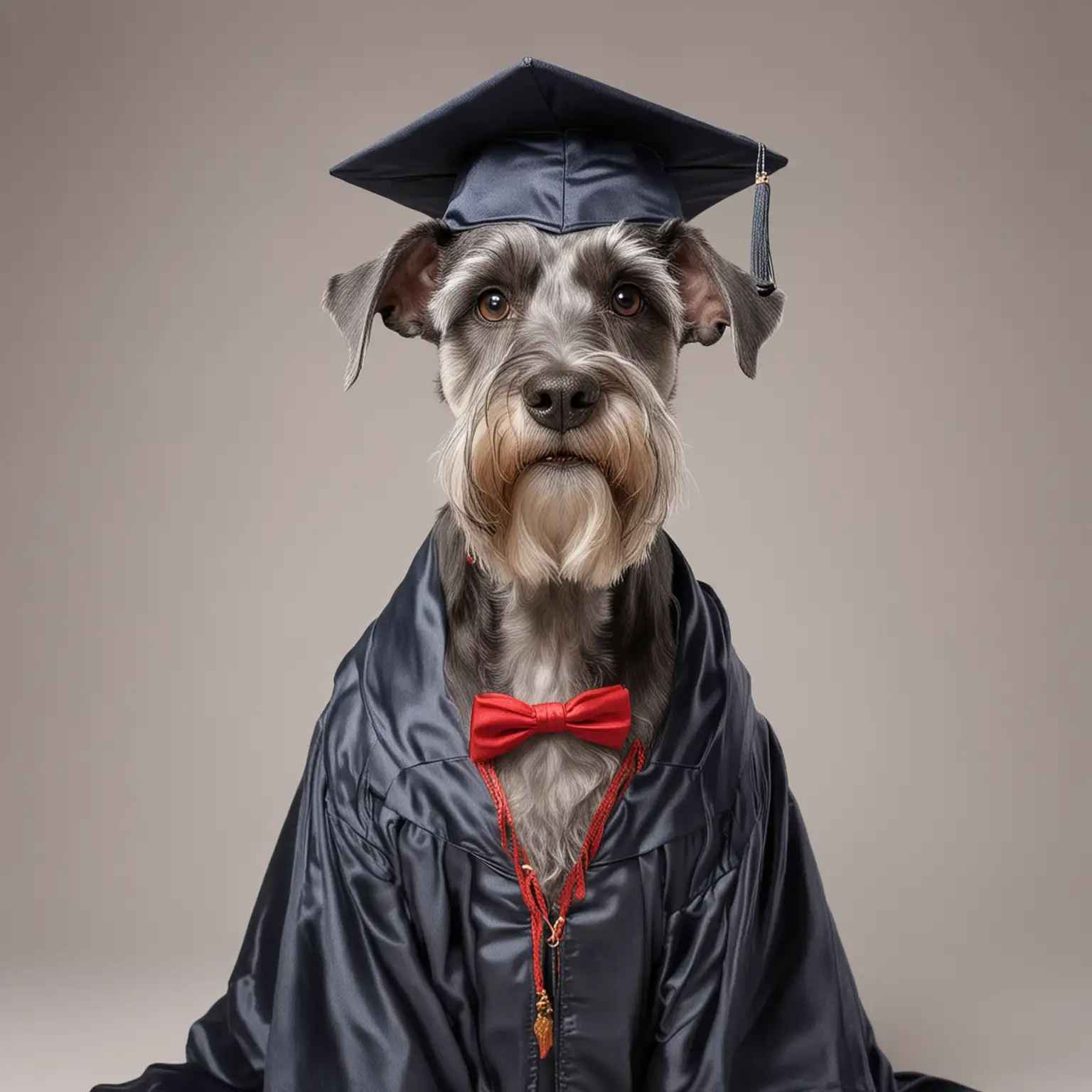 Graduation Schnauzer Dog in Cap and Robe on White Background