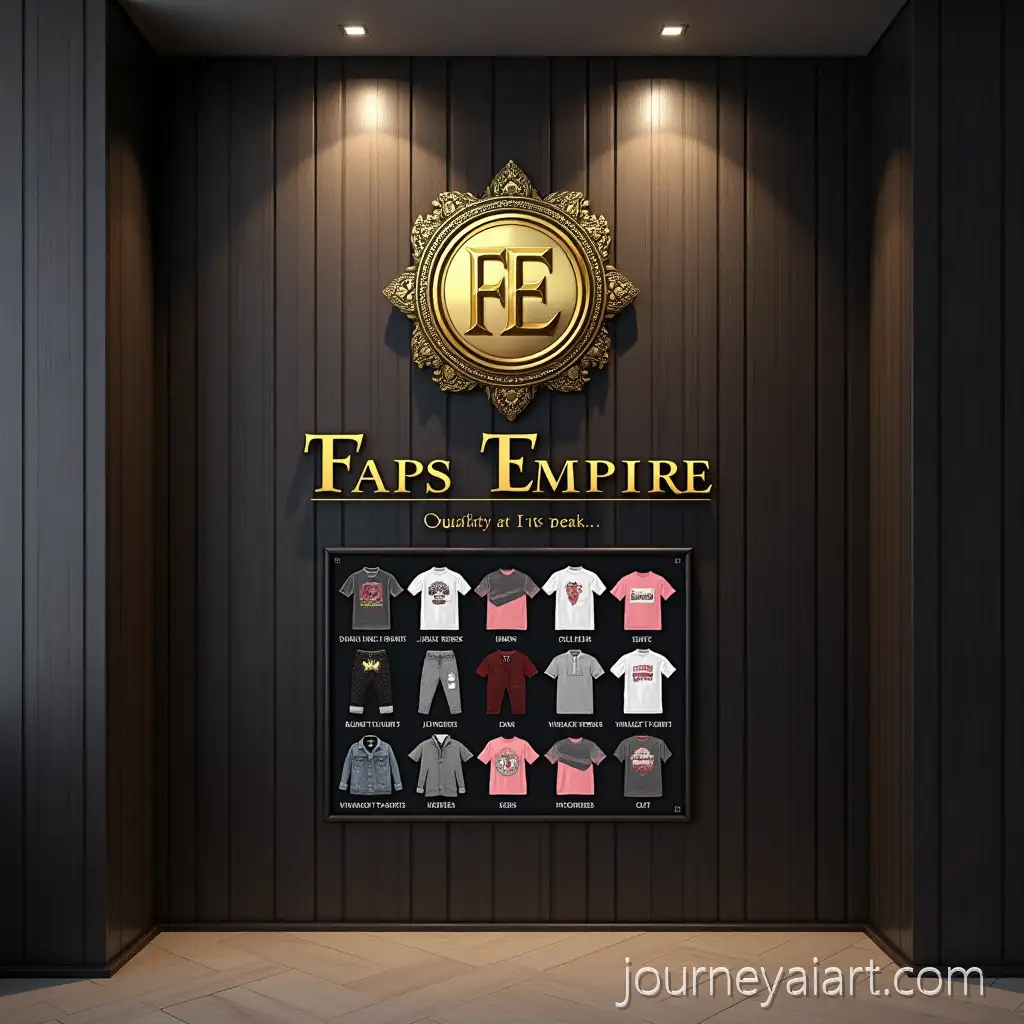 Luxury-3D-Fashion-Logo-and-Flyer-Design-on-Dark-Wood-Background-with-Gold-Accents-and-Mens-Apparel-Collage