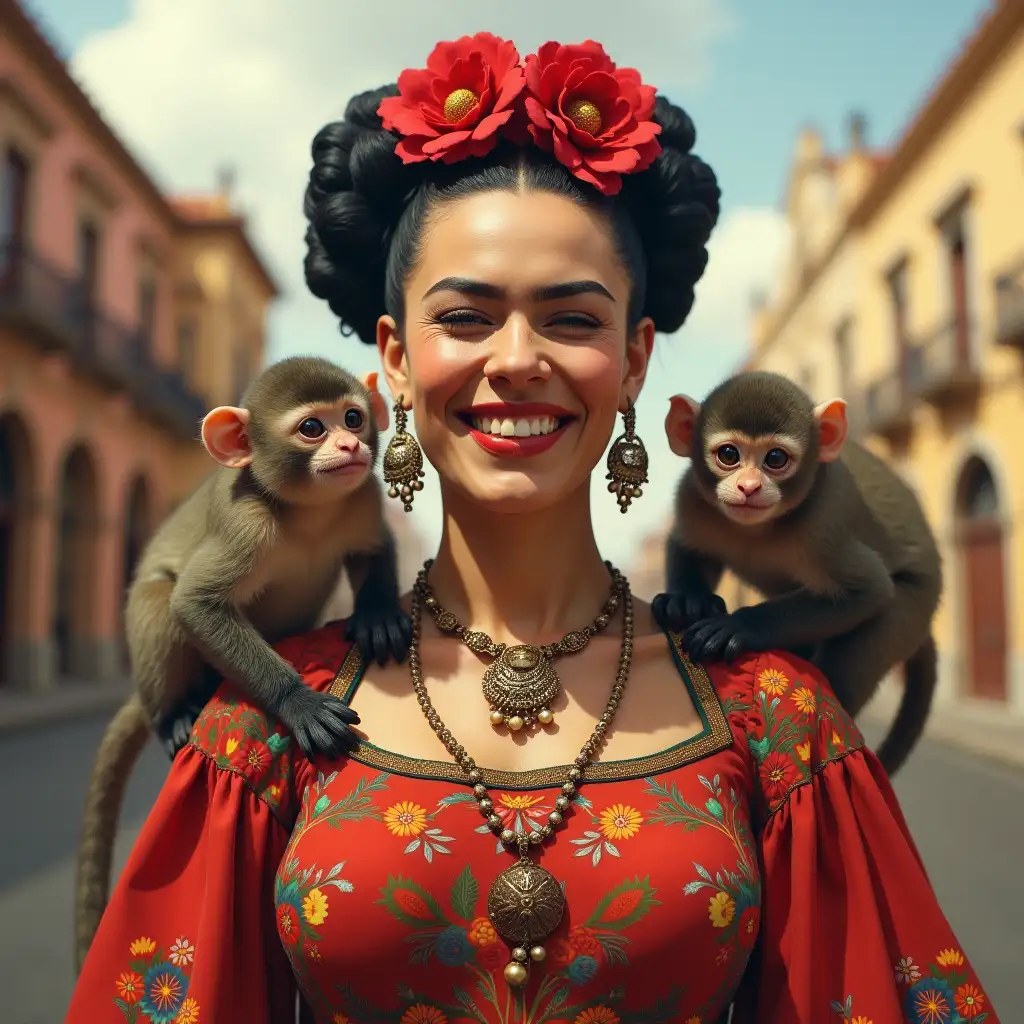 Frida Kahlo with two monkeys on her shoulder and a traditional Mexican dress, with a background of colonial architecture and a expression of joy