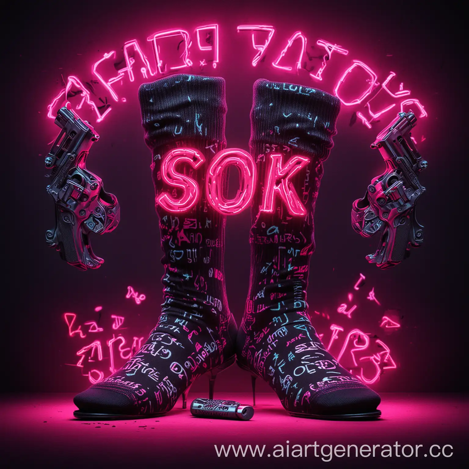 неоновый фон , пистолеты и надпись SOCK_G4ME