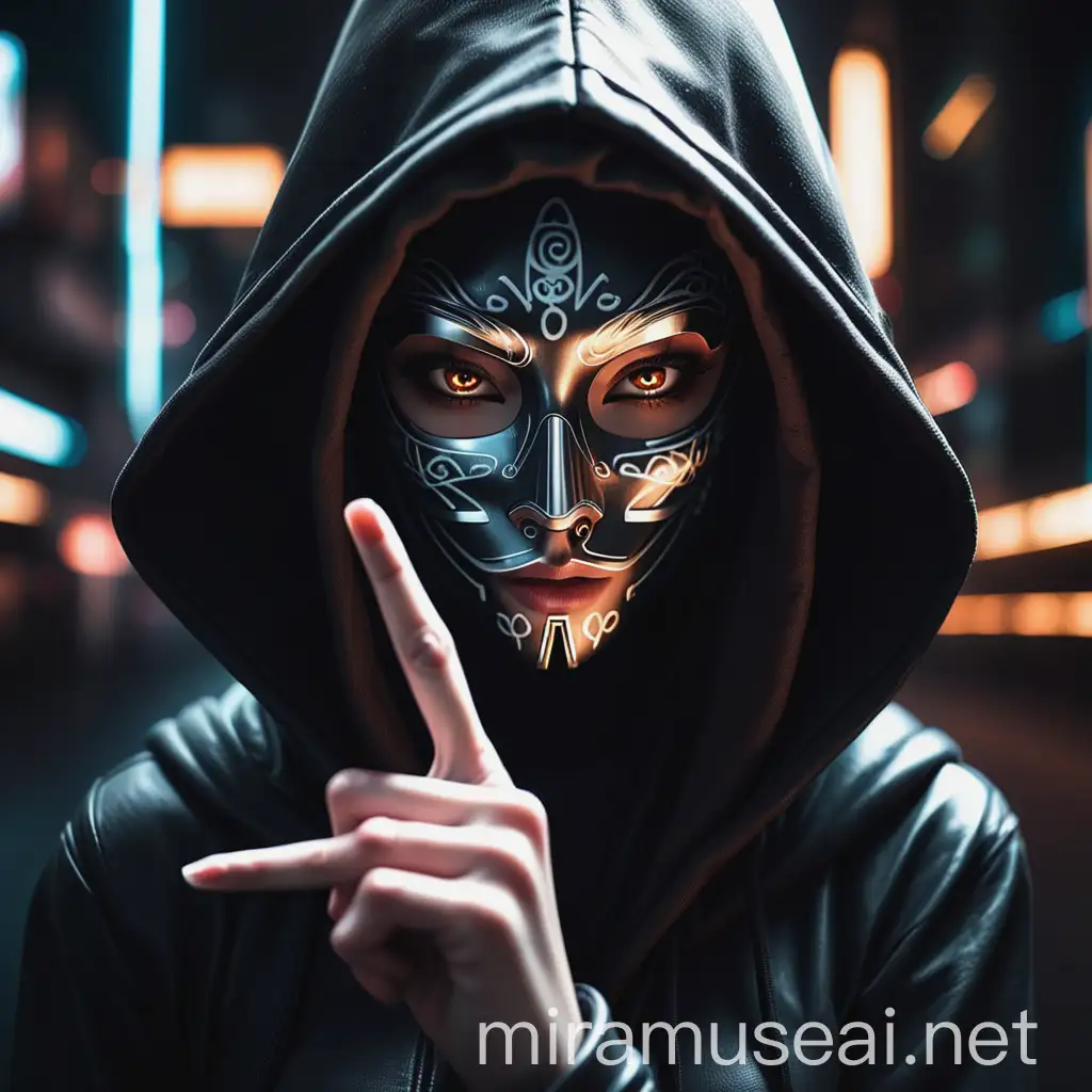 Mysterious Masked Woman Making Shhh Gesture in Cyberpunk Style