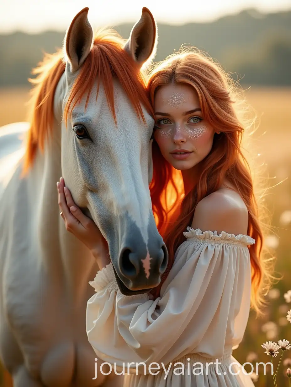 RedHaired-Woman-and-Freckled-Horse-Sharing-a-Serene-Moment-in-a-Sunlit-Meadow