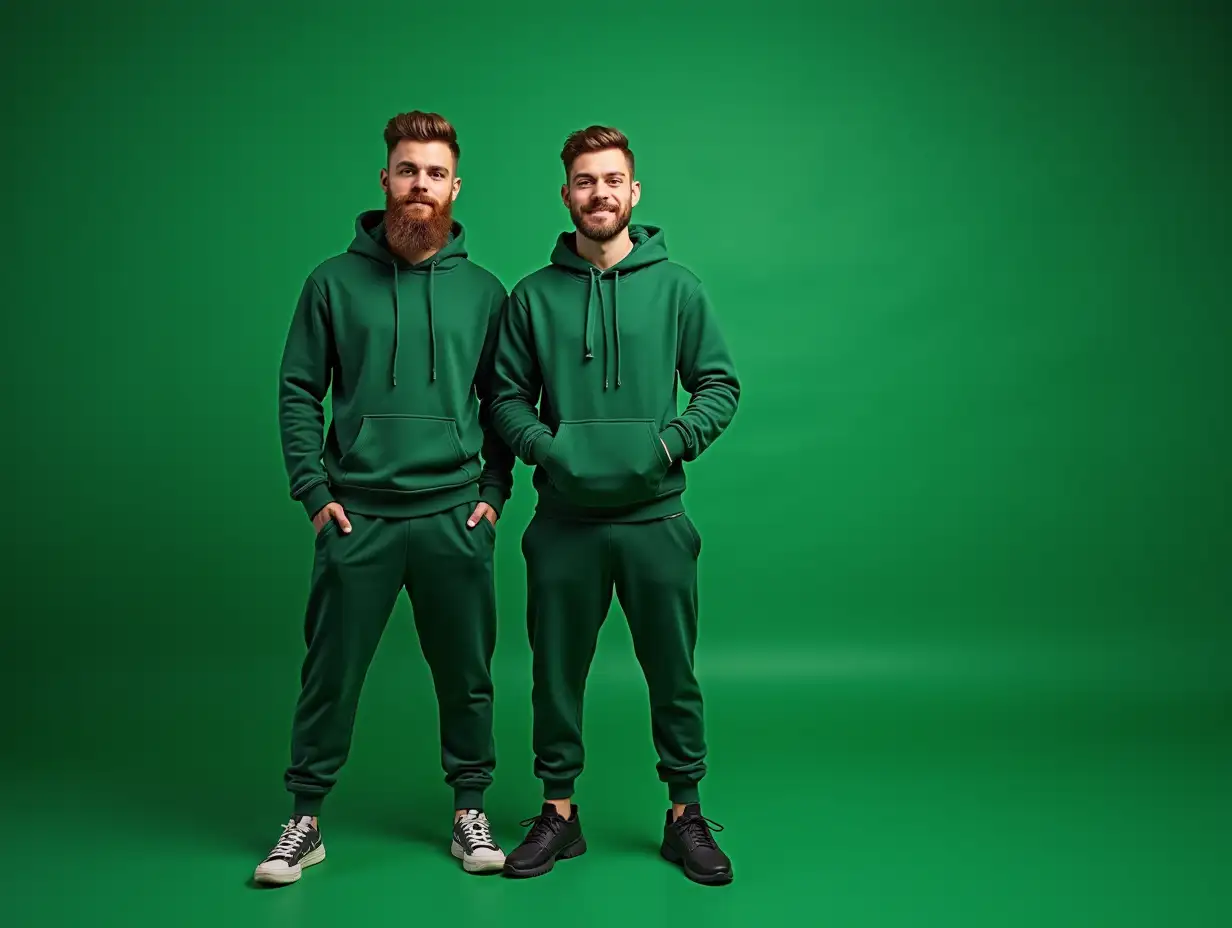 two young enthusiast fitness man with a stylish beard, confidently Full length standing in the center of the frame . He is wearing a trendy green hoodie and sweatpants from fabric tricot. The background vibrant green setting with various shades of green tricot fabrics, showcasing a dynamic fabric tricot factory atmosphere.