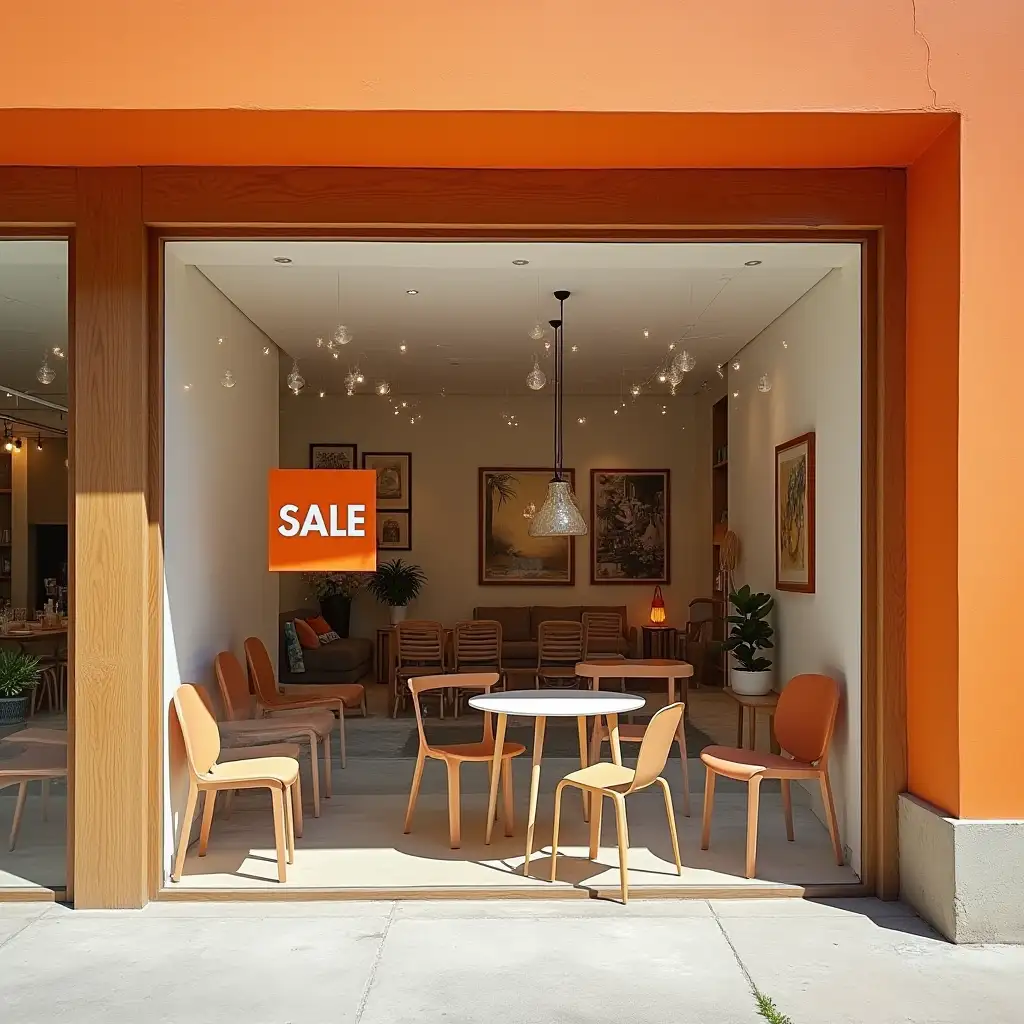 orange facade of a furniture store selling tables and chairs, with a SALE sign on the glass in a furniture shopping center