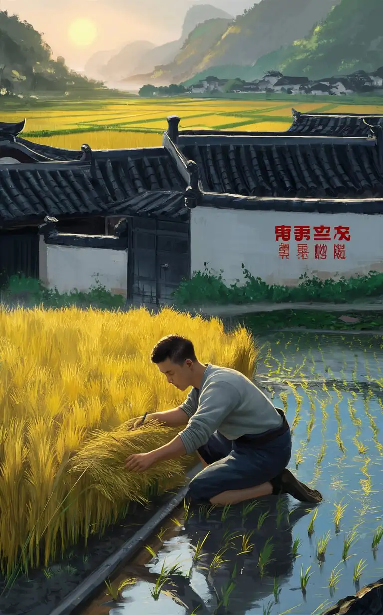 Boy digging lotus in the pond. At dusk, almost finished digging reeds. Mother ran over to call her son to come home for dinner. Old man sits in the courtyard, a small table with several dishes on it, waiting. Children. Dog. Digital art. China. High definition. Distant green mountains. Black tiles. Wall with graffiti. Bird's eye view. Cloudy day.