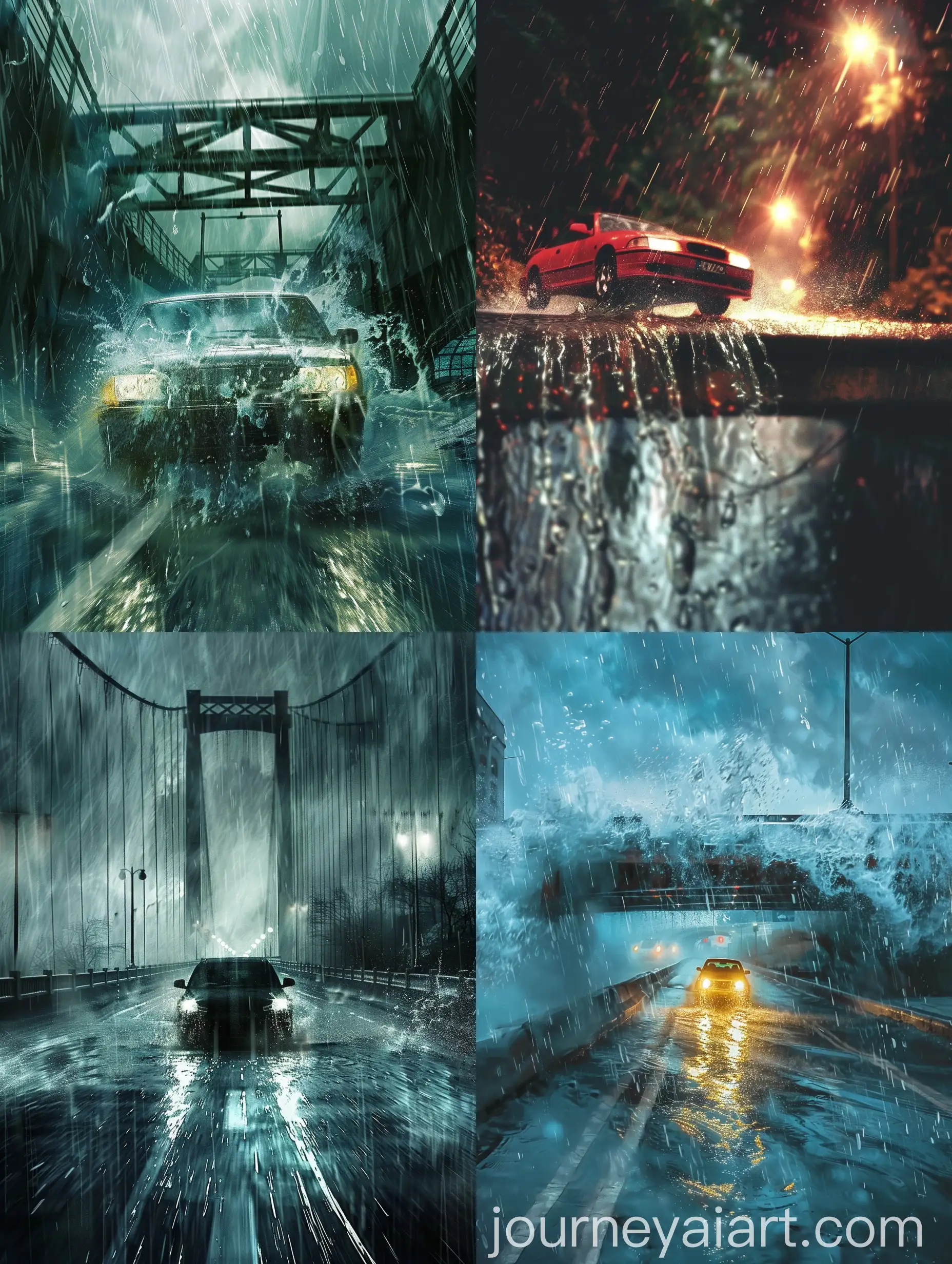 Fast-Car-Diving-Through-Rainstorm-Bridge