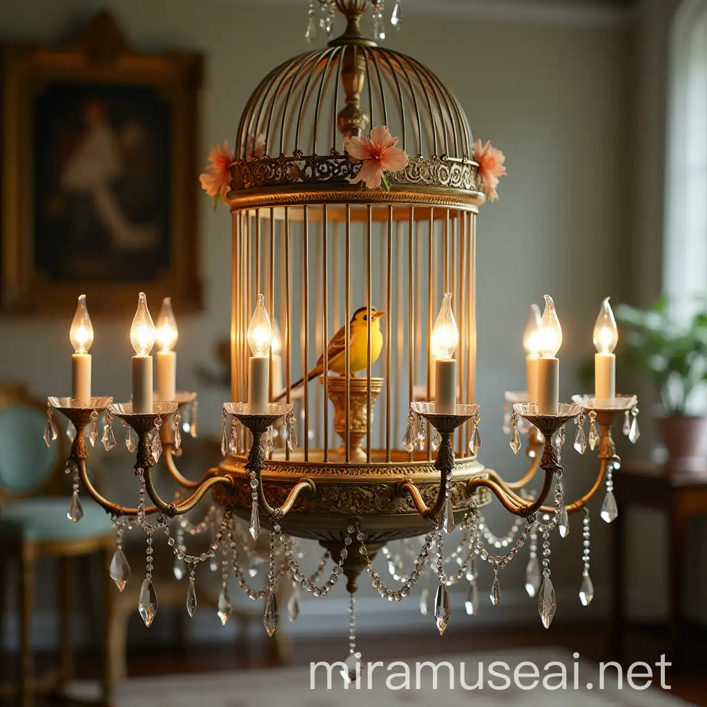 Elegant Vintage Chandelier Bird Cage with Crystals and Faux Flowers