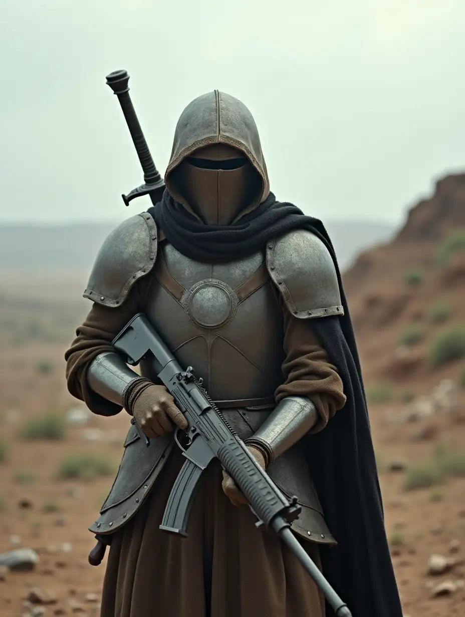 Warlord in a Bombed Landscape with Medieval and Modern Armaments