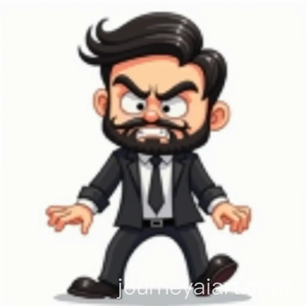 Angry-Cartoon-Man-in-Black-Suit-with-Beard-and-Mustache-Moving-Towards-Viewer