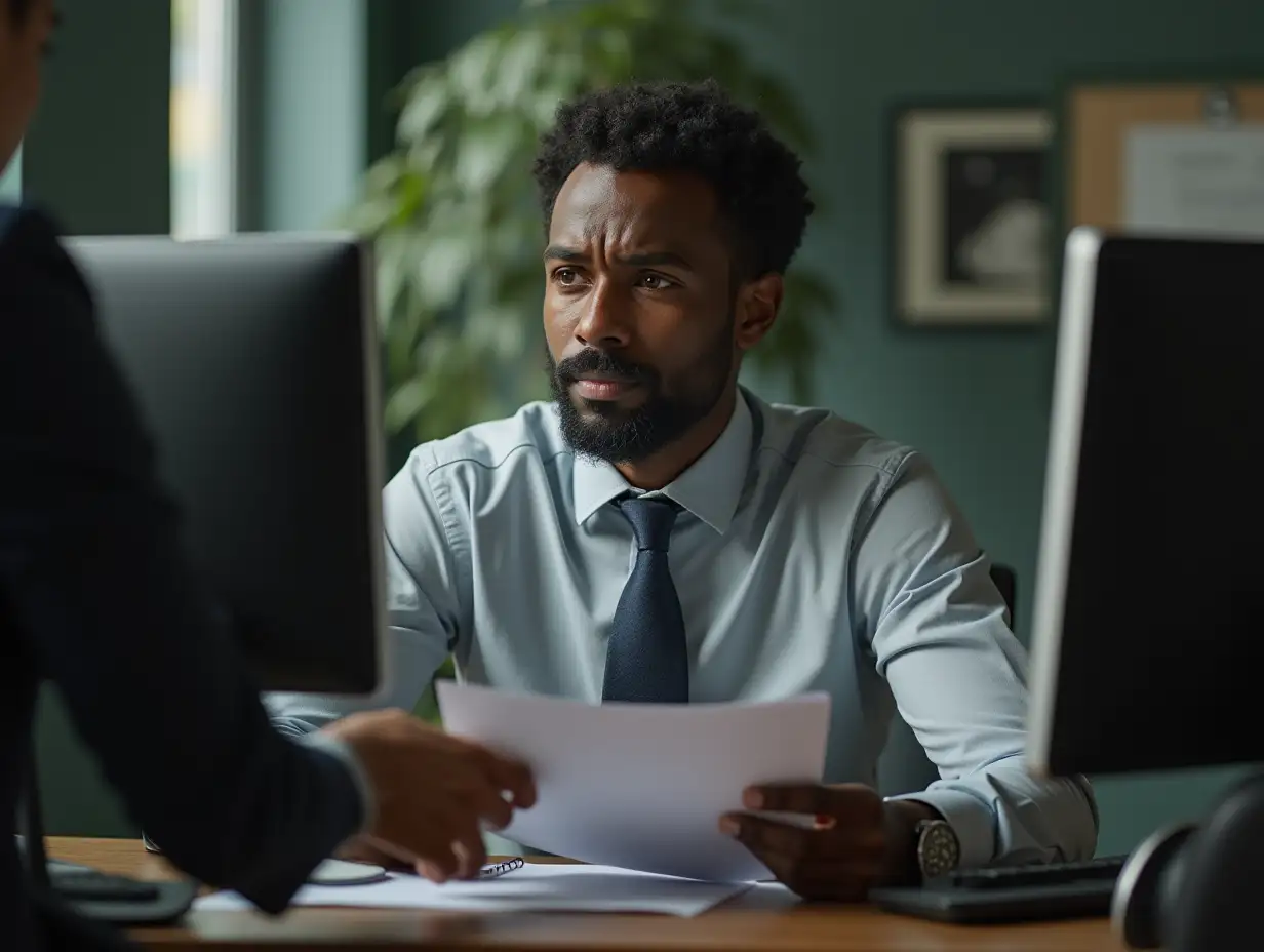 A very handsome Nigerian man in his office looking tired and he is been handed some documents from his fellow colleges